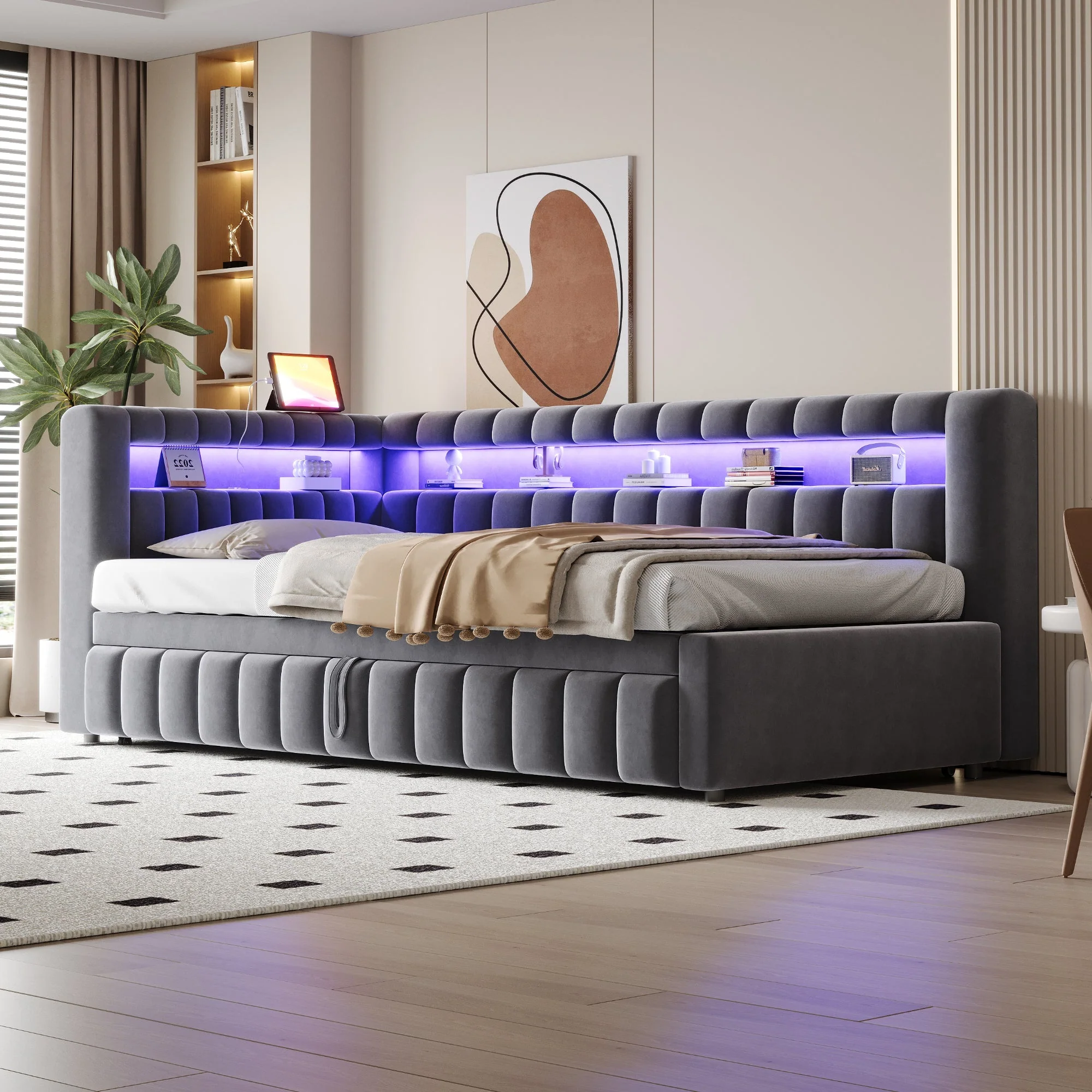 Upholstered Sofa Bed with LED Lighting and USB Charging, 90x200cm, Dark Grey Velvet - Image 4