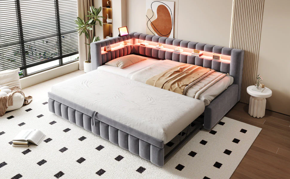 Upholstered Sofa Bed with LED Lighting and USB Charging, 90x200cm, Dark Grey Velvet - Image 7