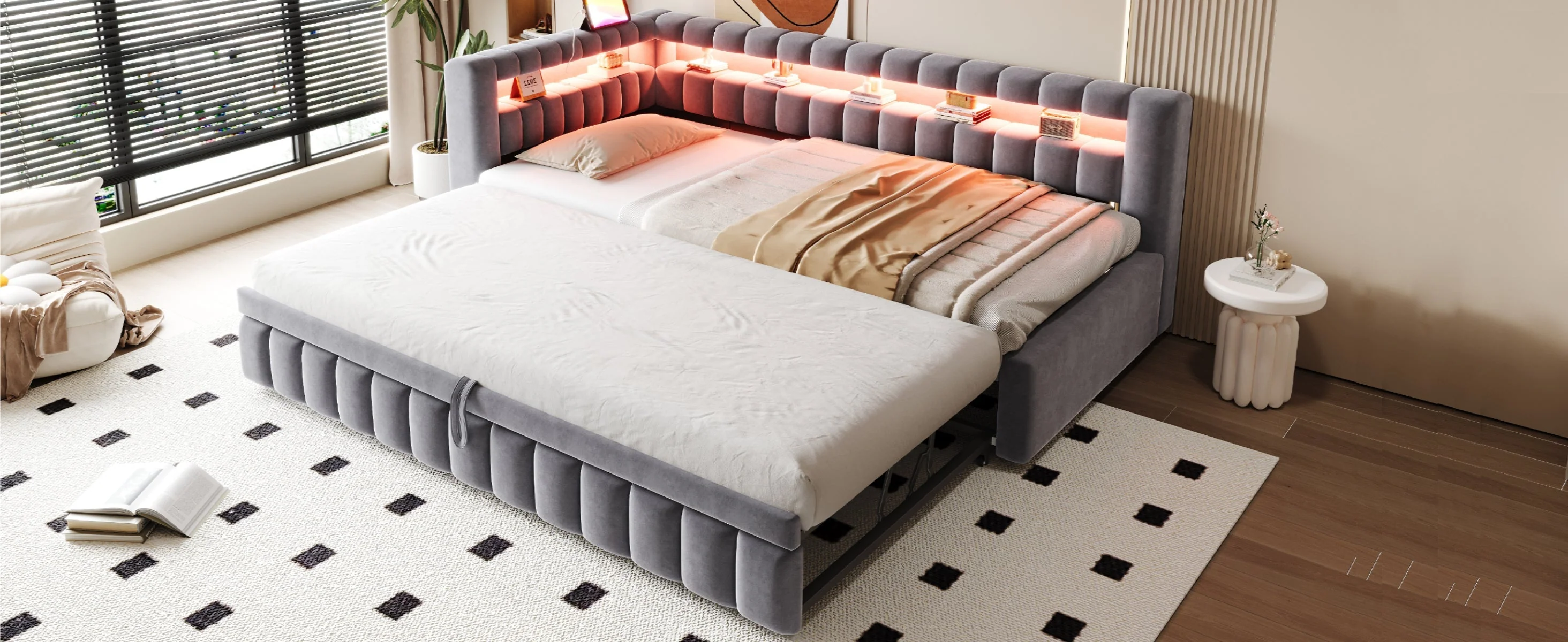 Upholstered Sofa Bed with LED Lighting and USB Charging, 90x200cm, Dark Grey Velvet - Image 9