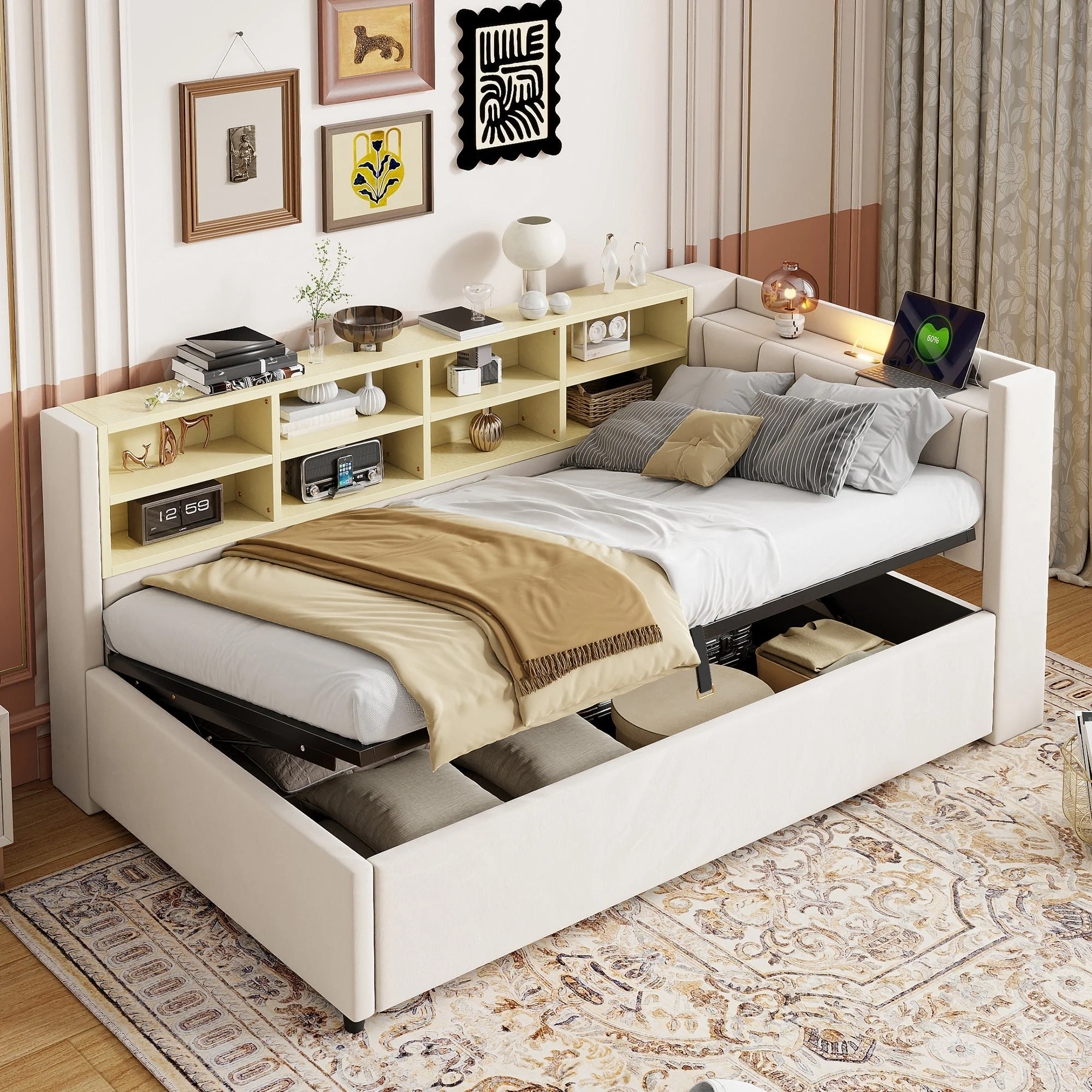 Upholstered Sofa Bed with Storage and USB Ports, Velvet Grey - Image 2