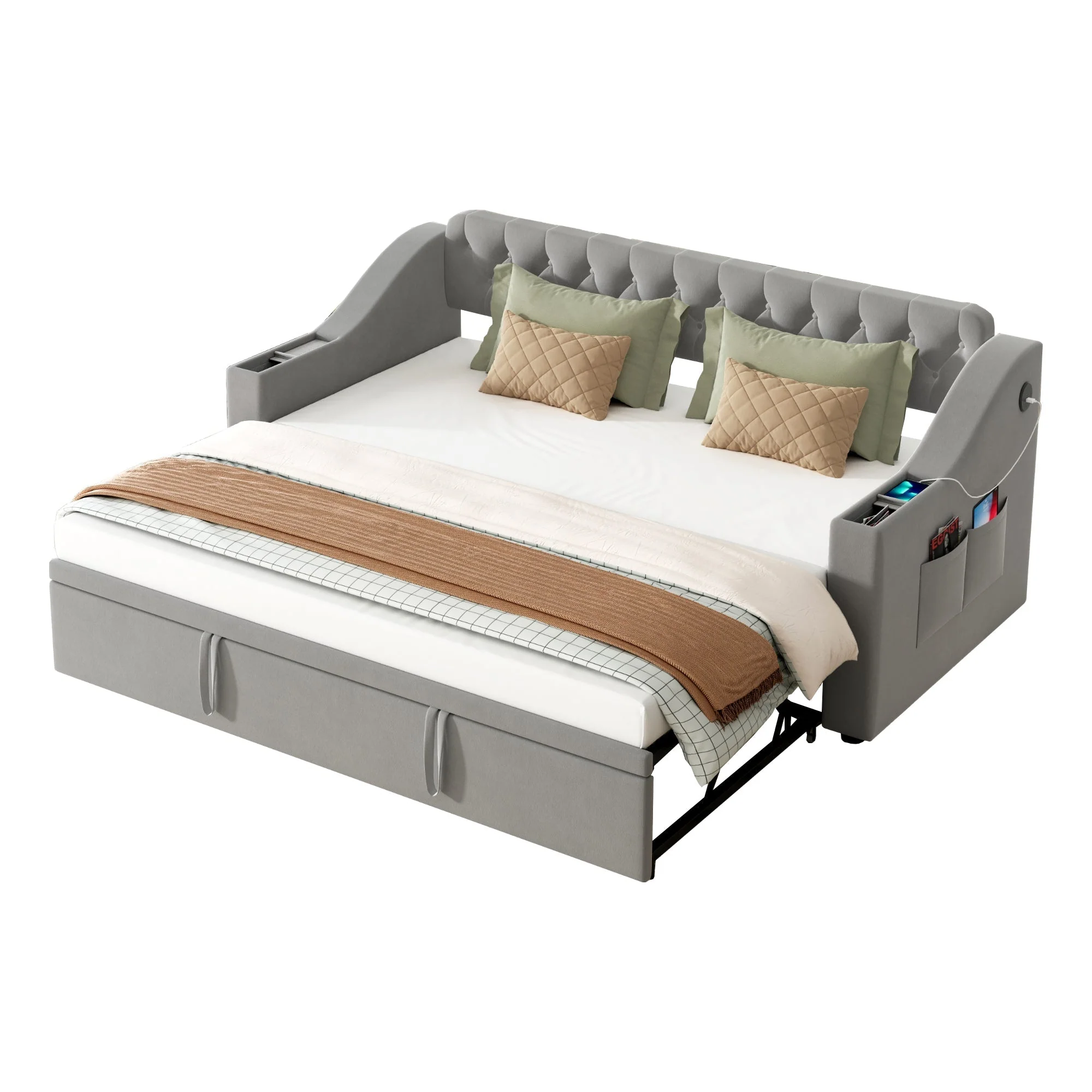 Upholstered Sofa Bed with USB Charging Port, Storage, Slatted Frame, Velvet Fabric, Grey - Image 10