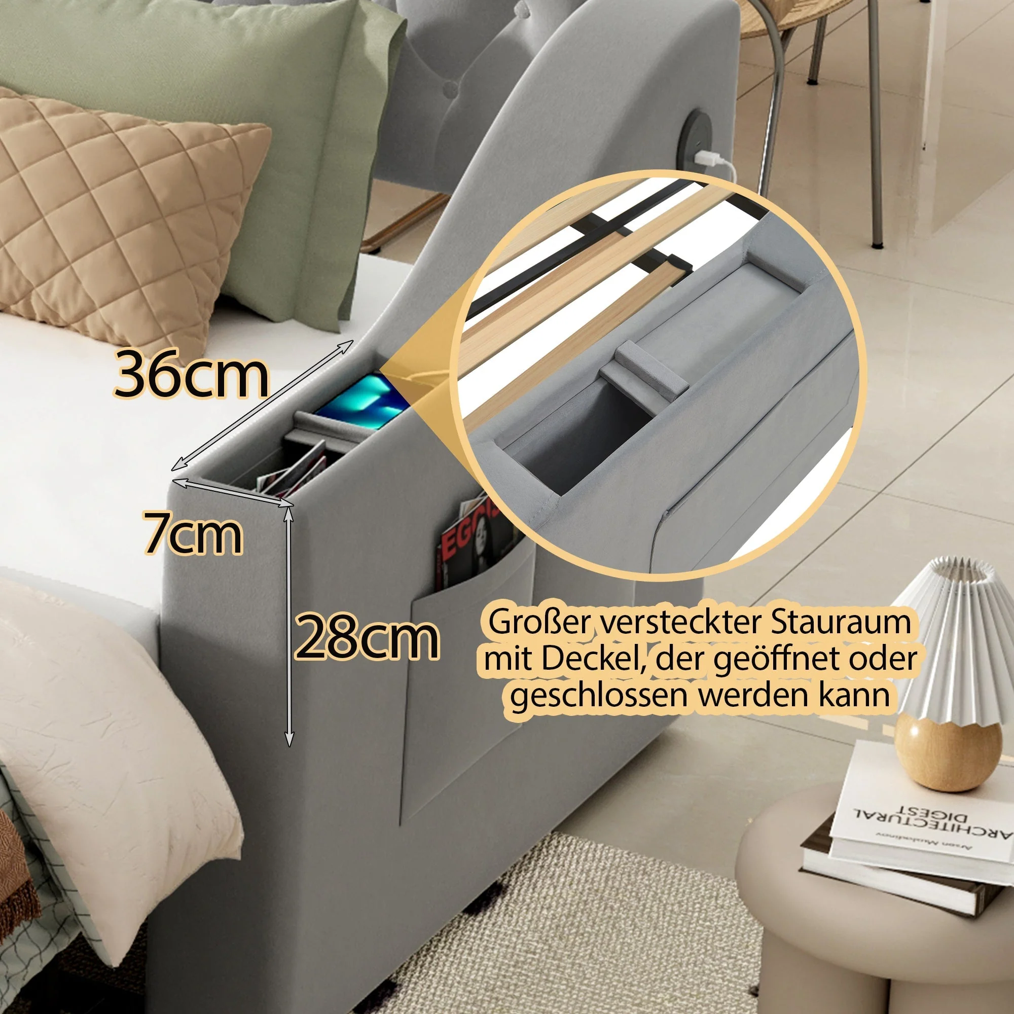 Upholstered Sofa Bed with USB Charging Port, Storage, Slatted Frame, Velvet Fabric, Grey - Image 5