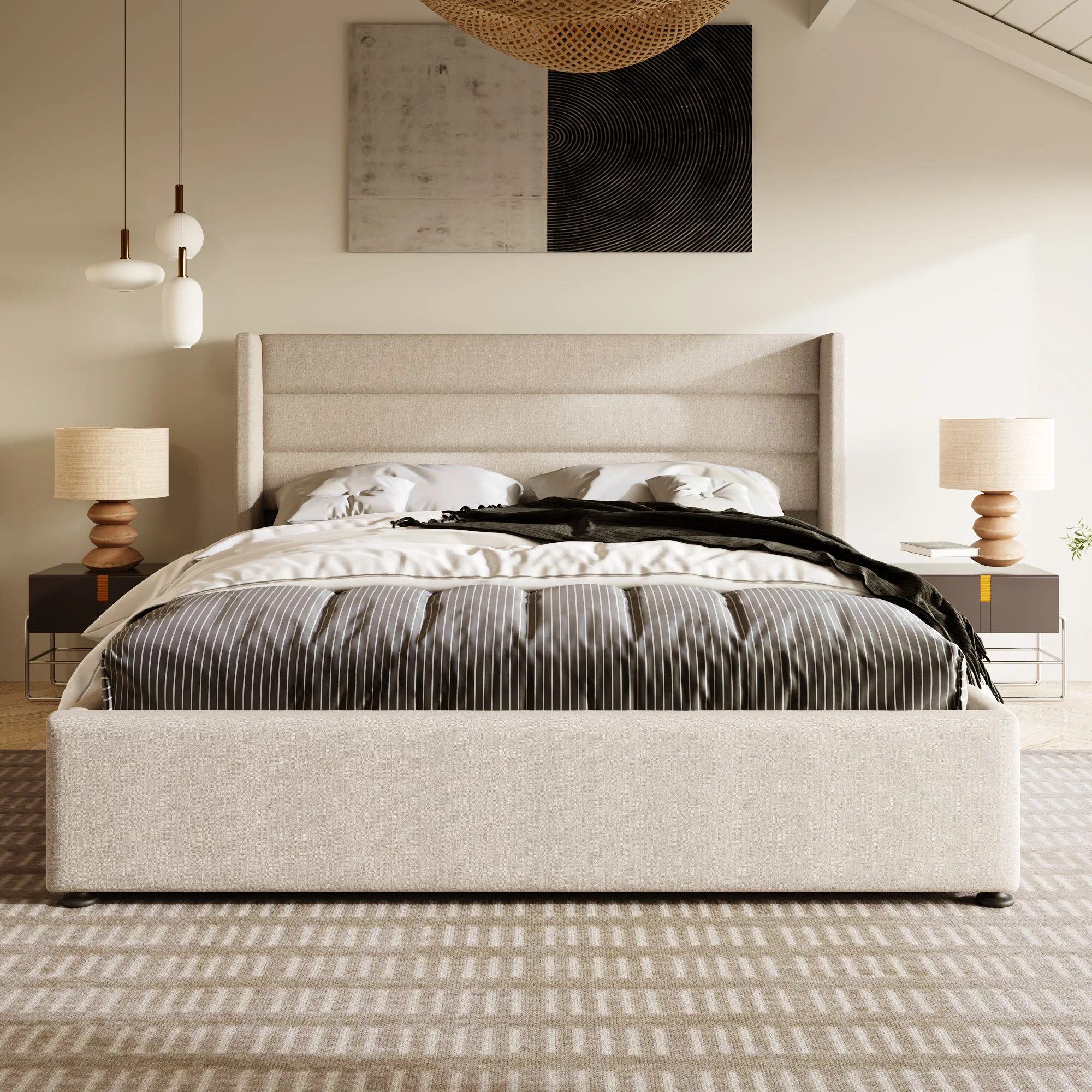 Upholstered Storage Bed, Hydraulic Double 180x200cm Slatted Base, Linen Beige - Image 2