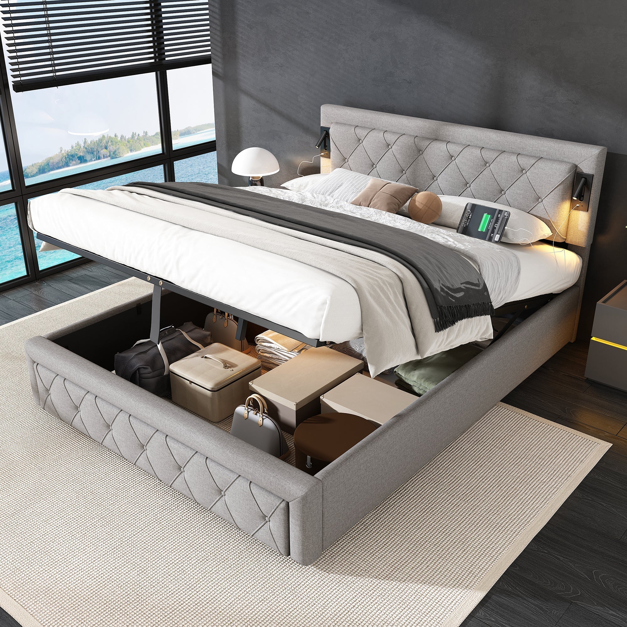 Upholstered Storage Bed with Downlight, USB Port and Slatted Base, 160x200cm, Grey Linen - Image 6