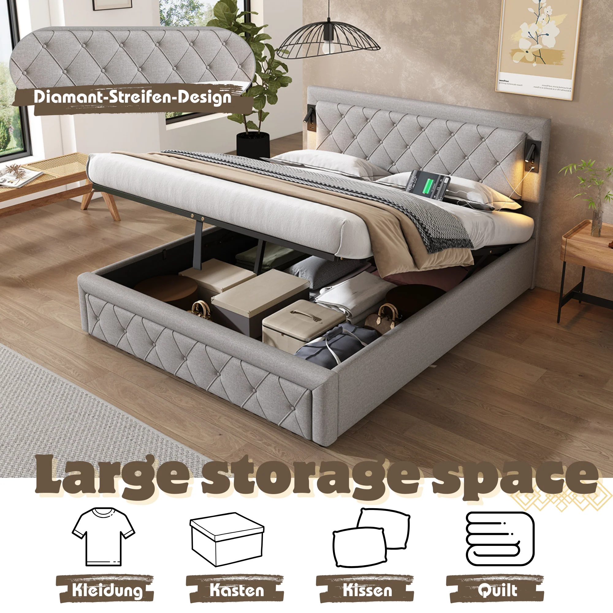 Upholstered Storage Bed with Downlight, USB Port and Slatted Base, 160x200cm, Grey Linen - Image 8