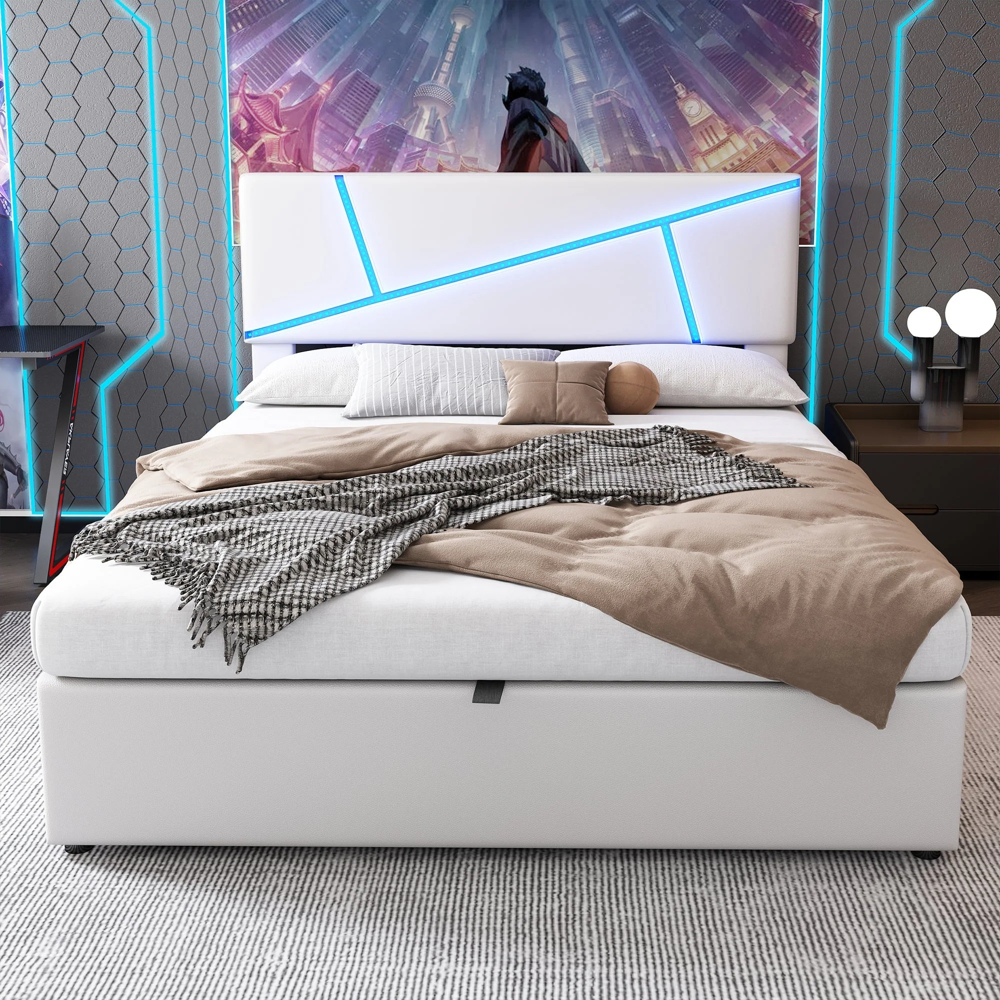 Upholstered Storage Bed with LED Lights and Hydraulic Lift, 160x200cm, White Synthetic Leather - Image 5
