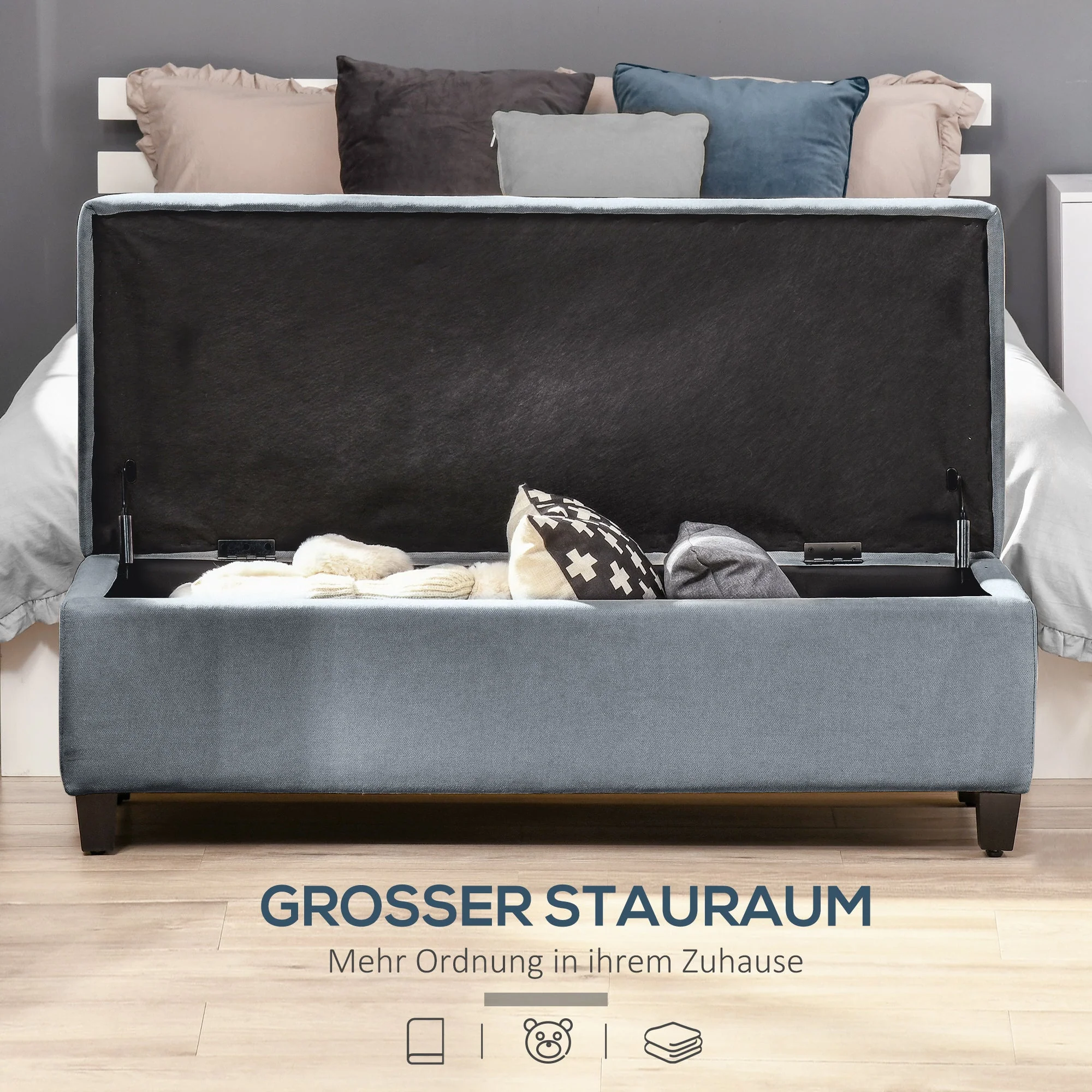 Upholstered Storage Bench with Lid, Linen Look, Grey - Image 4