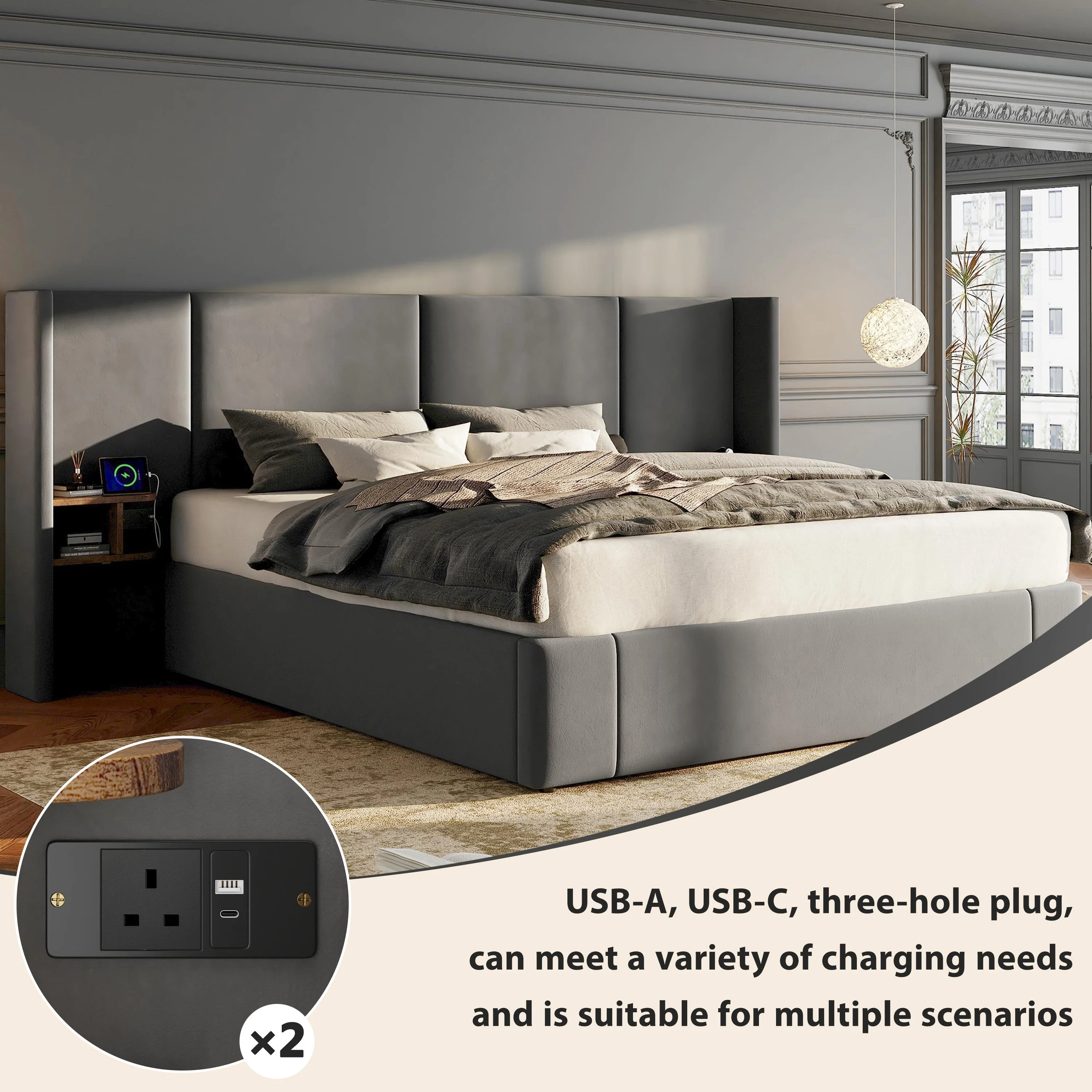 Upholstered Super King Size Bed 6ft (180*200cm) with Ottoman Lift Up, USB Connection, Sockets, and Two Bedside Tables, Velvet, Grey - Image 6