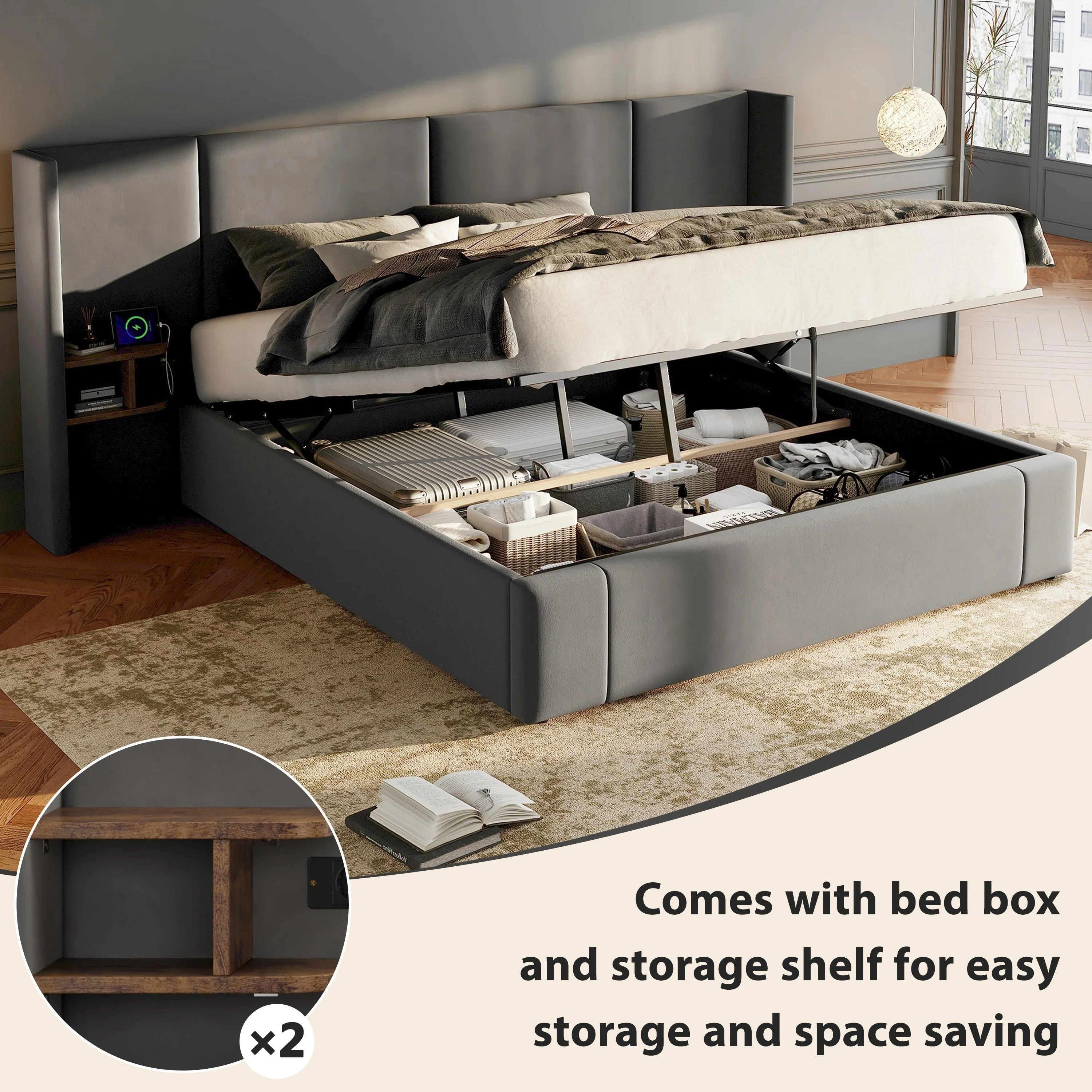 Upholstered Super King Size Bed 6ft (180*200cm) with Ottoman Lift Up, USB Connection, Sockets, and Two Bedside Tables, Velvet, Grey - Image 7