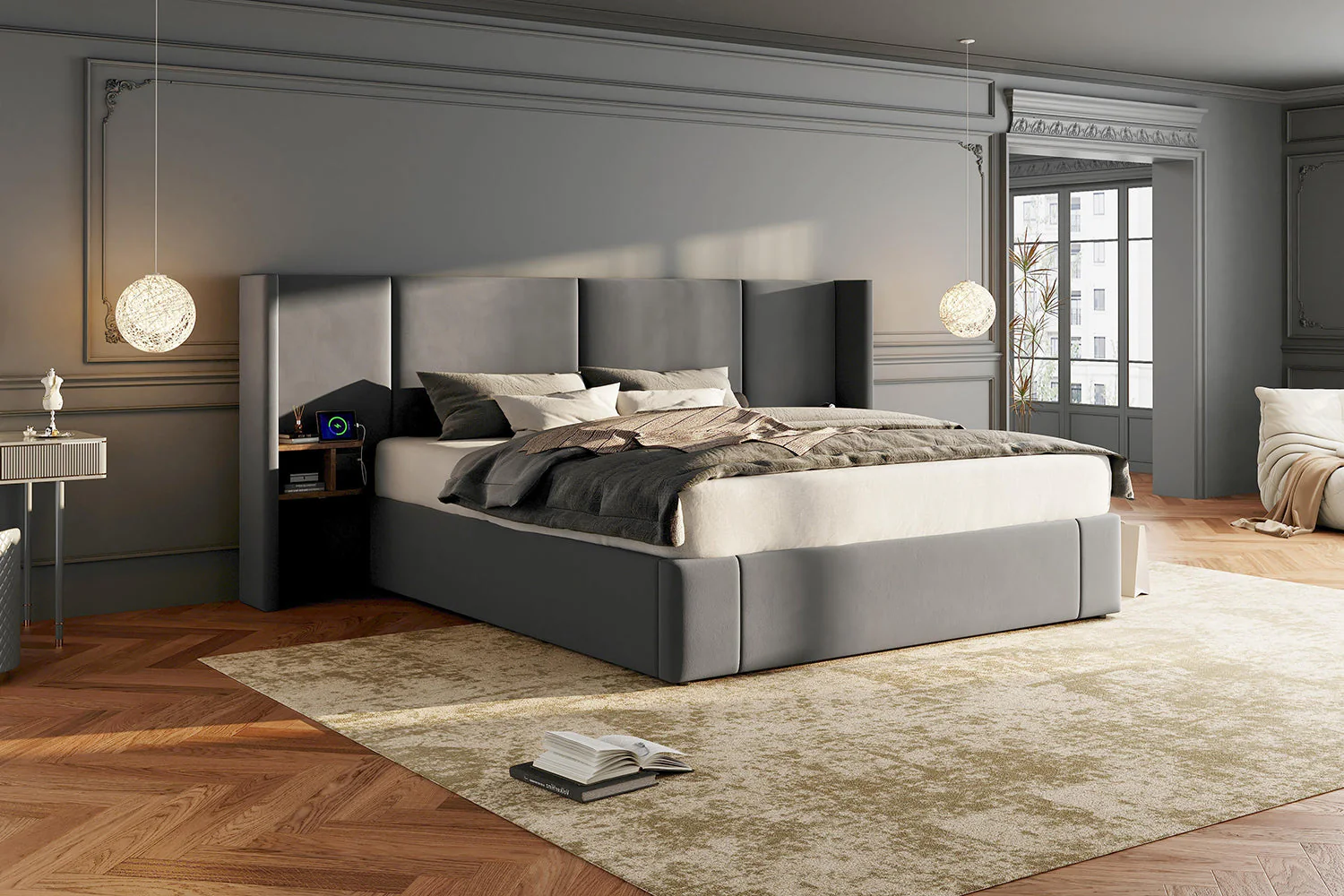 Upholstered Super King Size Bed 6ft (180*200cm) with Ottoman Lift Up, USB Connection, Sockets, and Two Bedside Tables, Velvet, Grey - Image 8