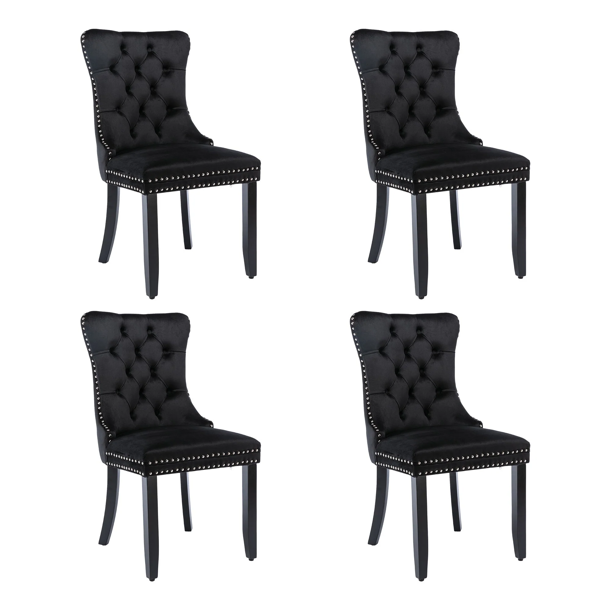 Upholstered Velvet Dining Chairs, Button Tufted with Solid Wood Legs, Riveted Trim & Knocker Ring, Set of 4, Black - Image 4