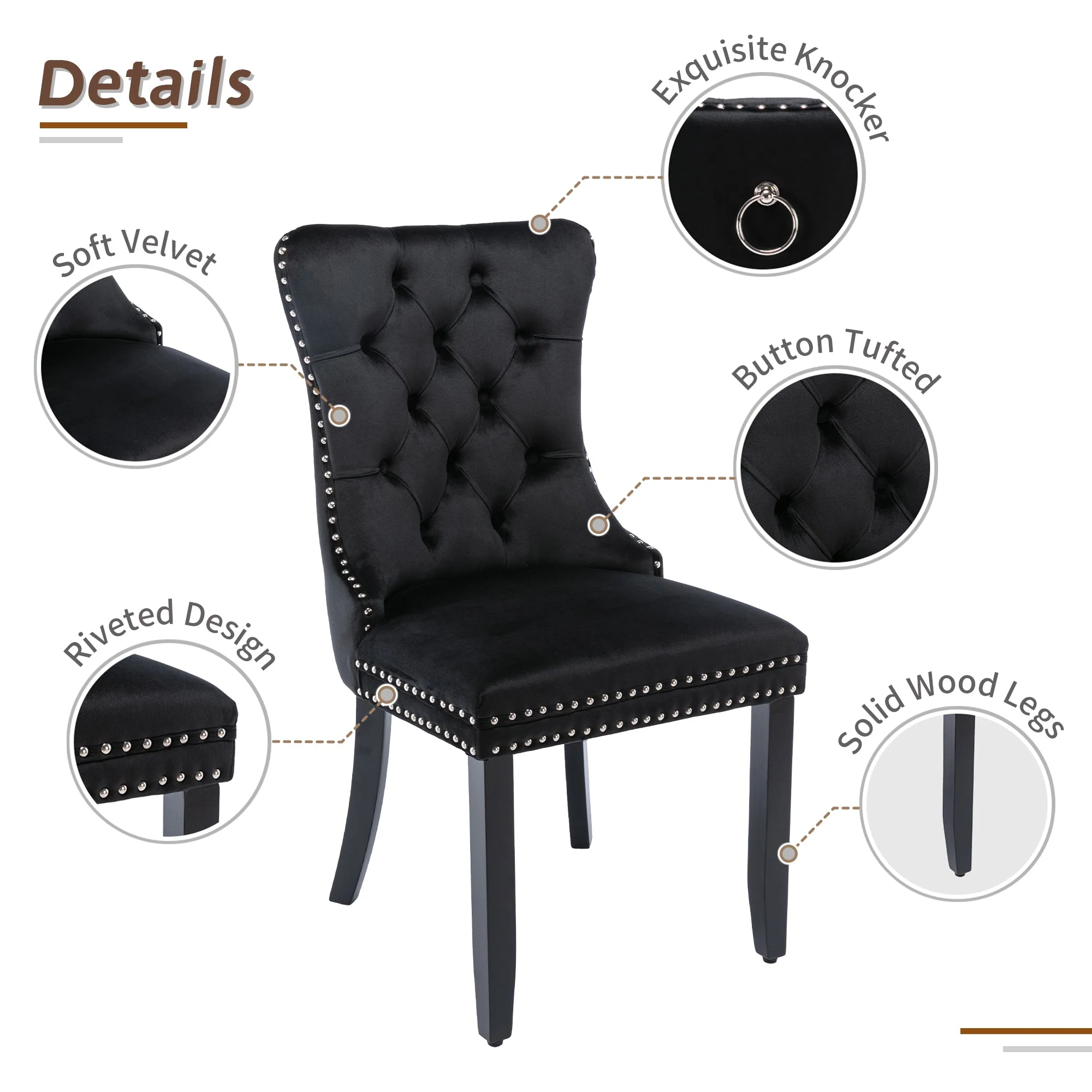 Upholstered Velvet Dining Chairs, Button Tufted with Solid Wood Legs, Riveted Trim & Knocker Ring, Set of 6, Black - Image 5