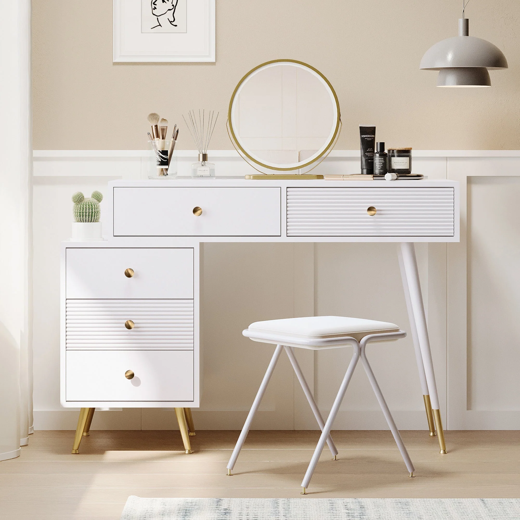 Vanity Table Set LED Mirror Adjustable Side Cabinet Pull-out Design - Image 4