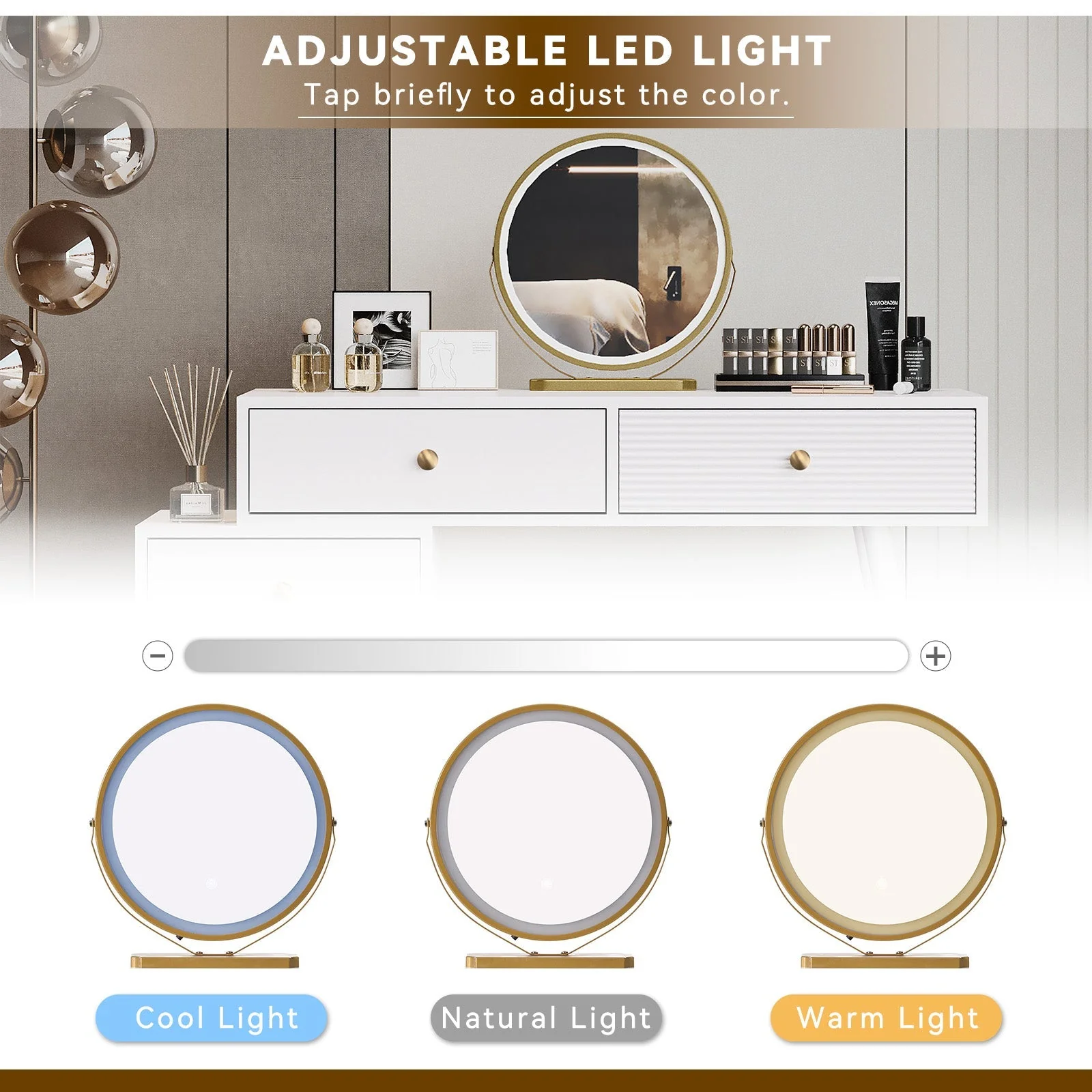Vanity Table Set LED Mirror Adjustable Side Cabinet Pull-out Design - Image 5
