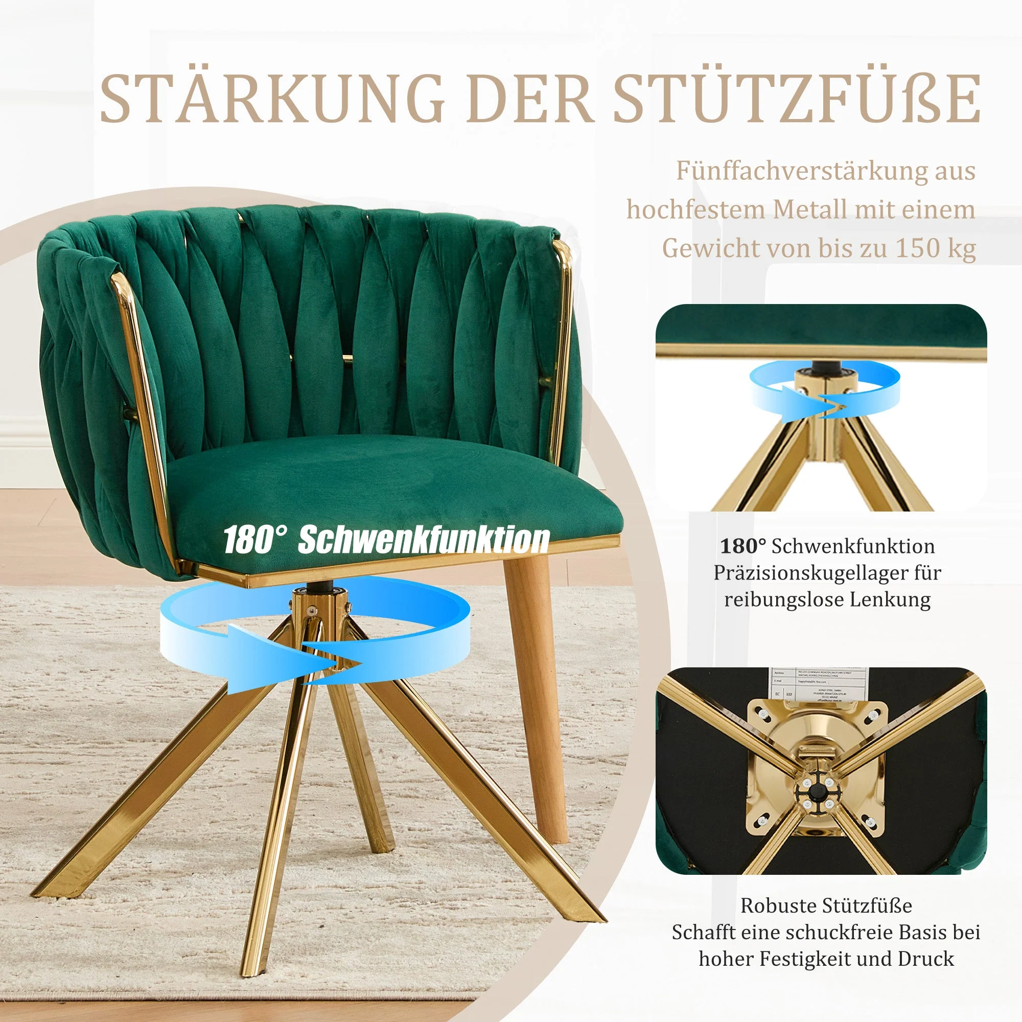 Velour Armchair, 180° Swivel, Ergonomic, Metal Frame - Image 3