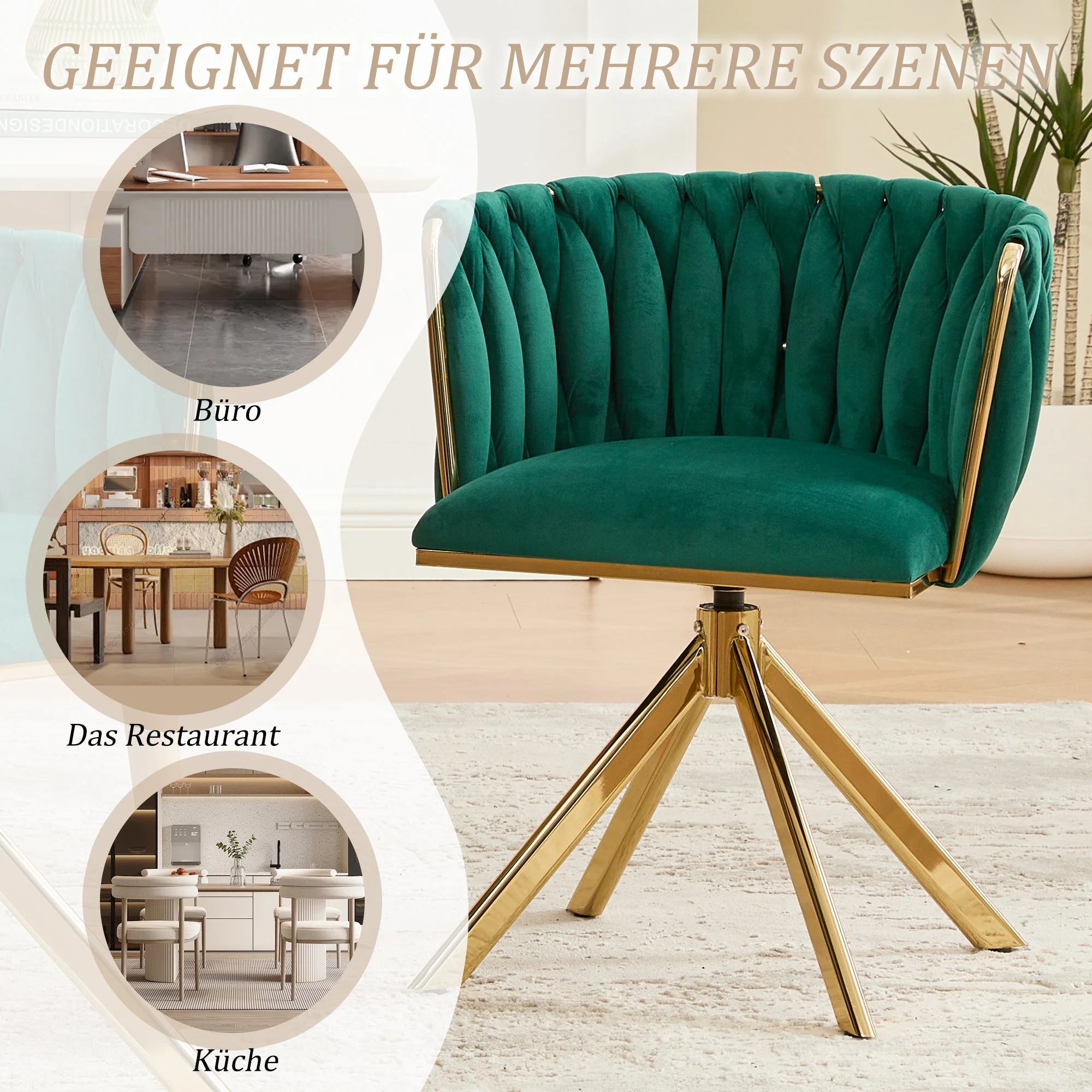 Velour Armchair, 180° Swivel, Ergonomic, Metal Frame - Image 6