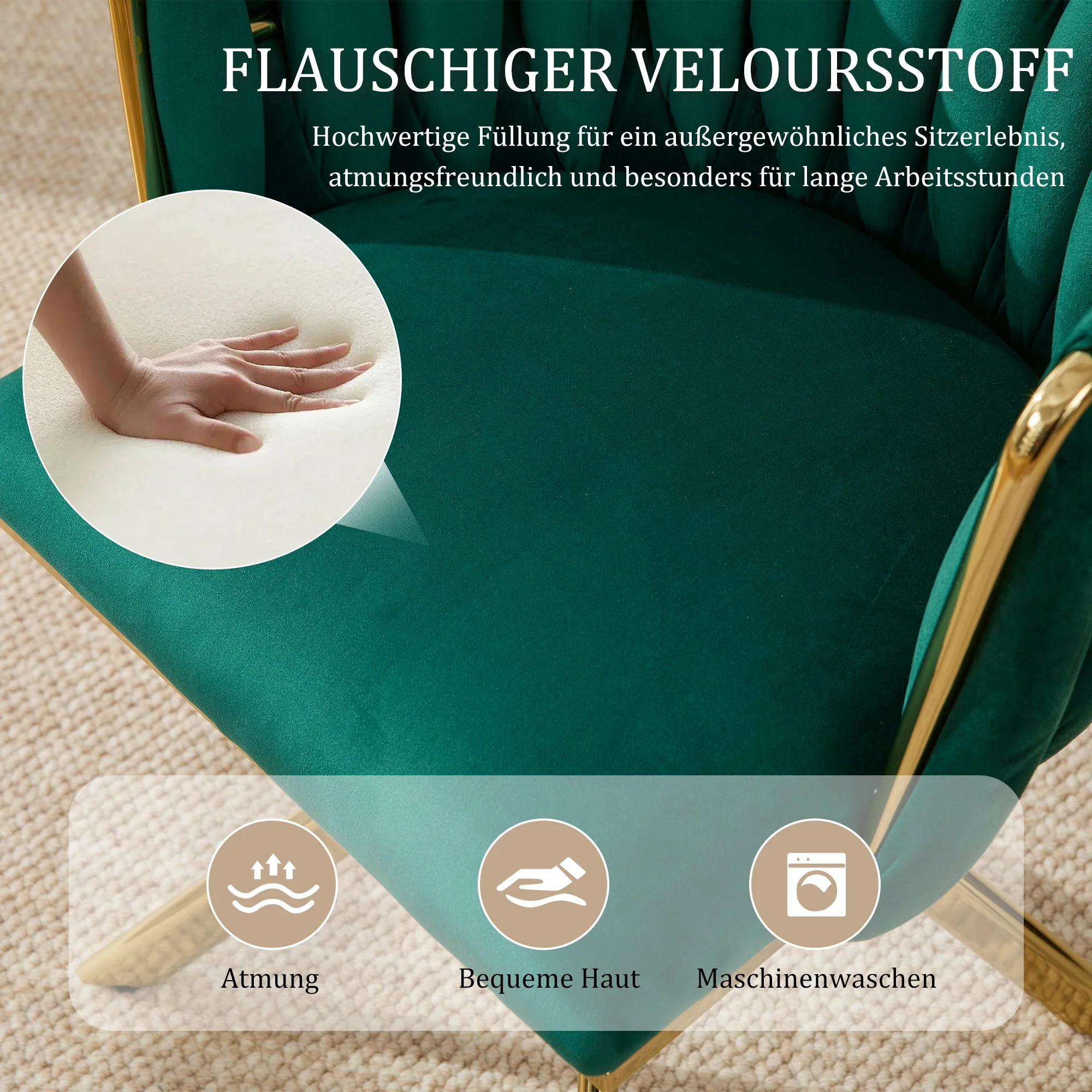 Velour Armchair, 180° Swivel, Ergonomic, Metal Frame - Image 8