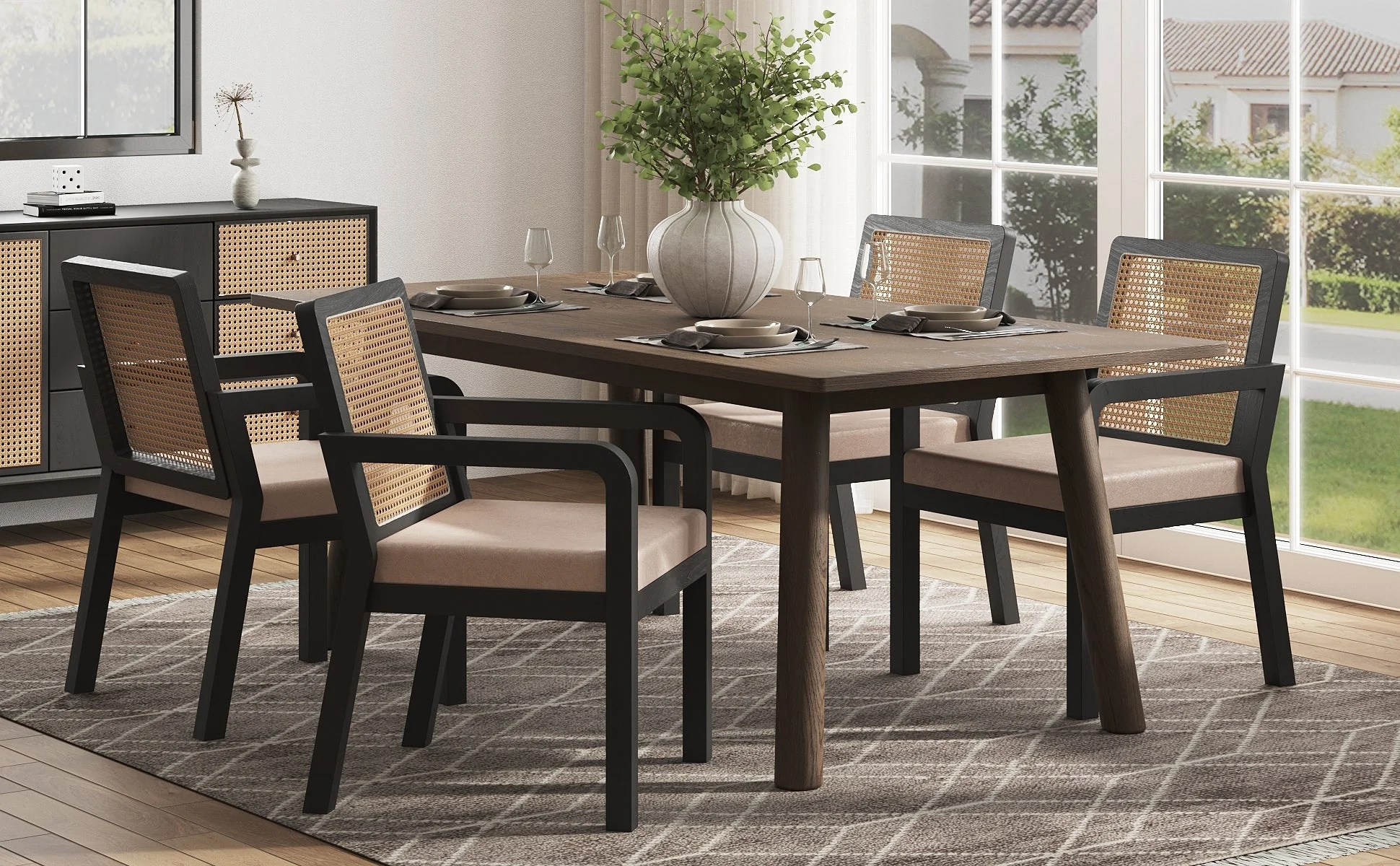 Velour Dining Chair Set of 4 Rattan Back Rubberwood Legs - Image 2