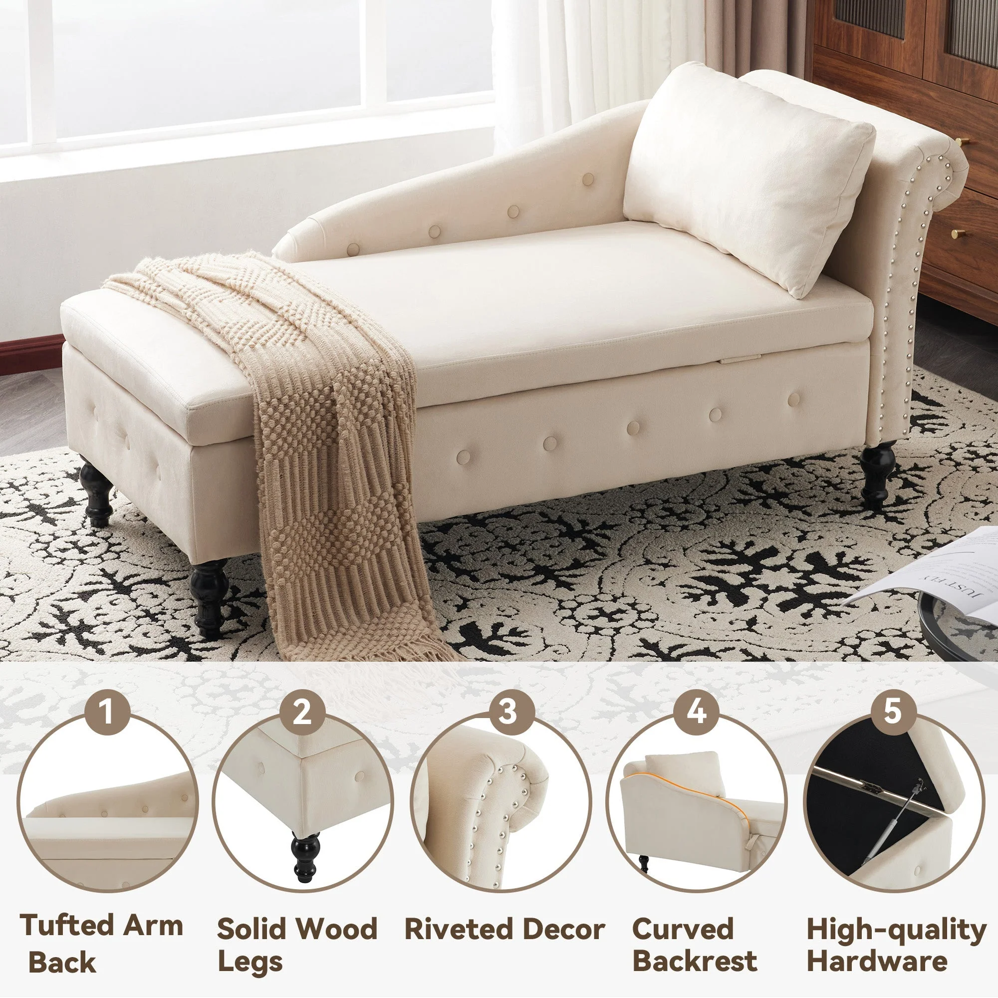 Velvet Chaise Lounge Sofa with Storage, Upholstered Chaise Lounge Couch with Pillow, Right Armrest, Velvet - Image 3