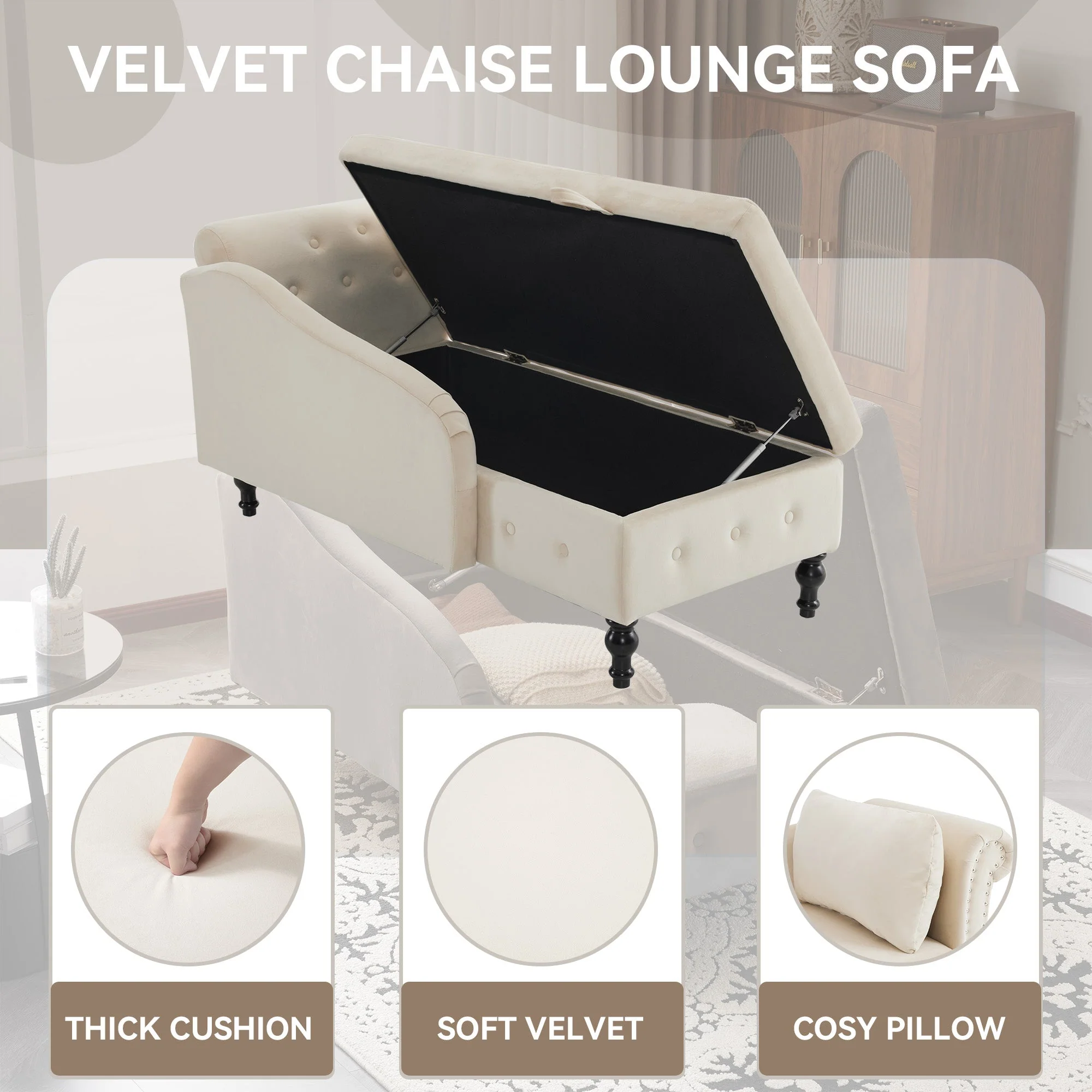 Velvet Chaise Lounge Sofa with Storage, Upholstered Chaise Lounge Couch with Pillow, Right Armrest, Velvet - Image 4