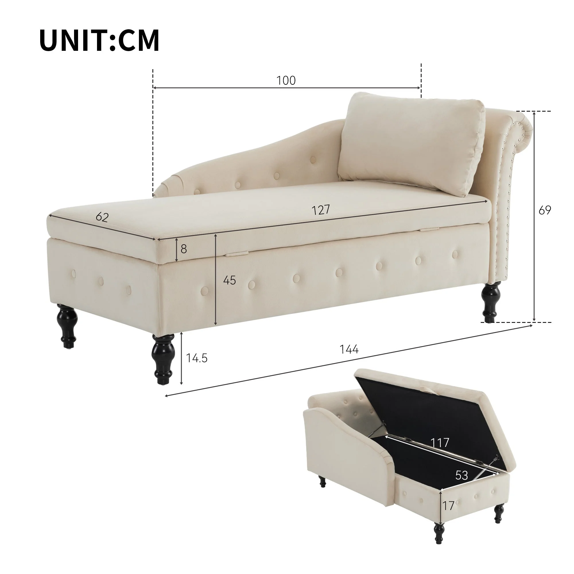 Velvet Chaise Lounge Sofa with Storage, Upholstered Chaise Lounge Couch with Pillow, Right Armrest, Velvet - Image 6