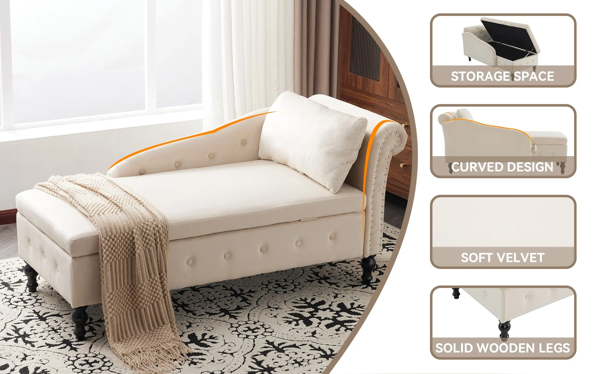 Velvet Chaise Lounge Sofa with Storage, Upholstered Chaise Lounge Couch with Pillow, Right Armrest, Velvet - Image 7