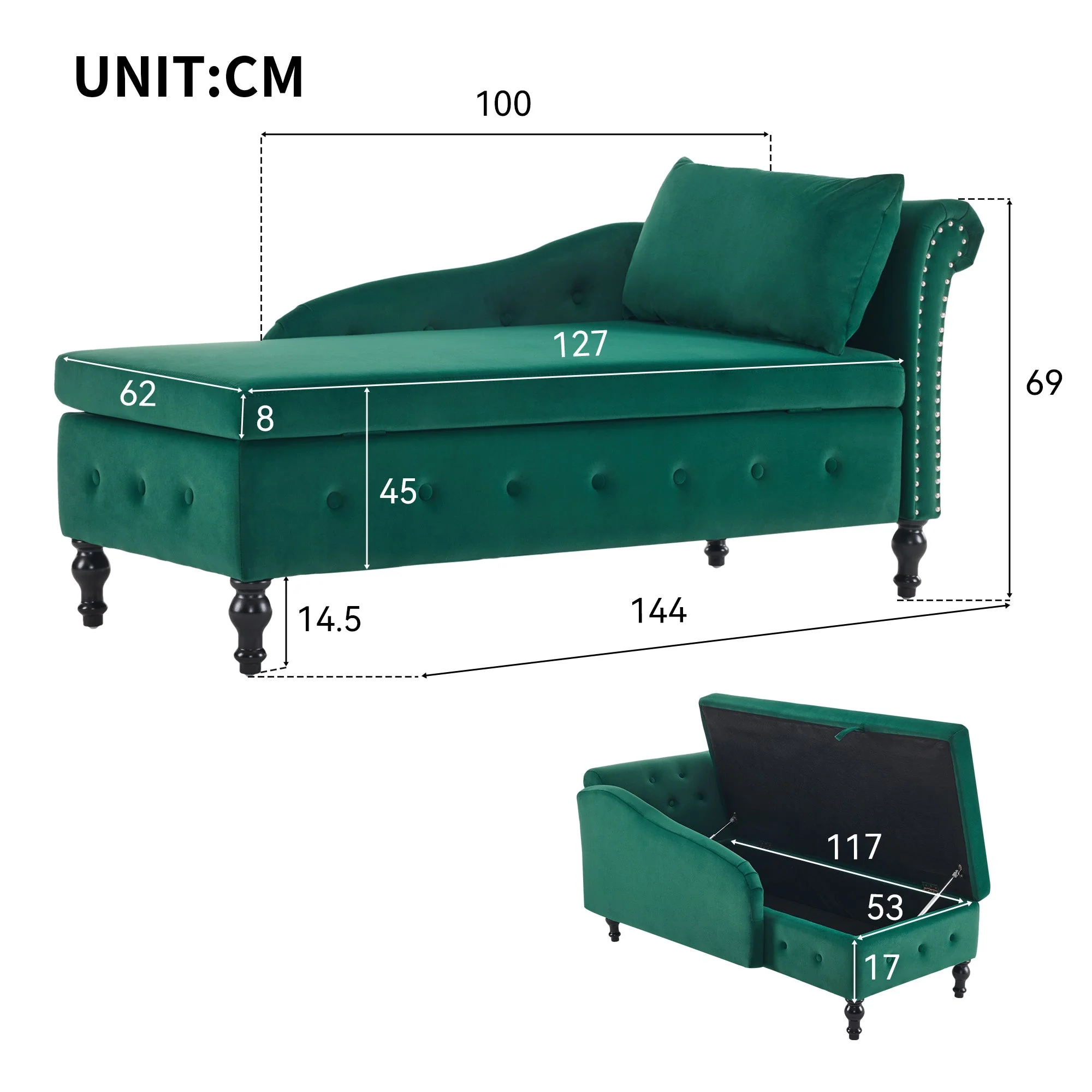 Velvet Chaise Lounge Sofa with Storage, Upholstered, Modern Nailhead-Trim & Button-tufted, Right Armrest - Image 6