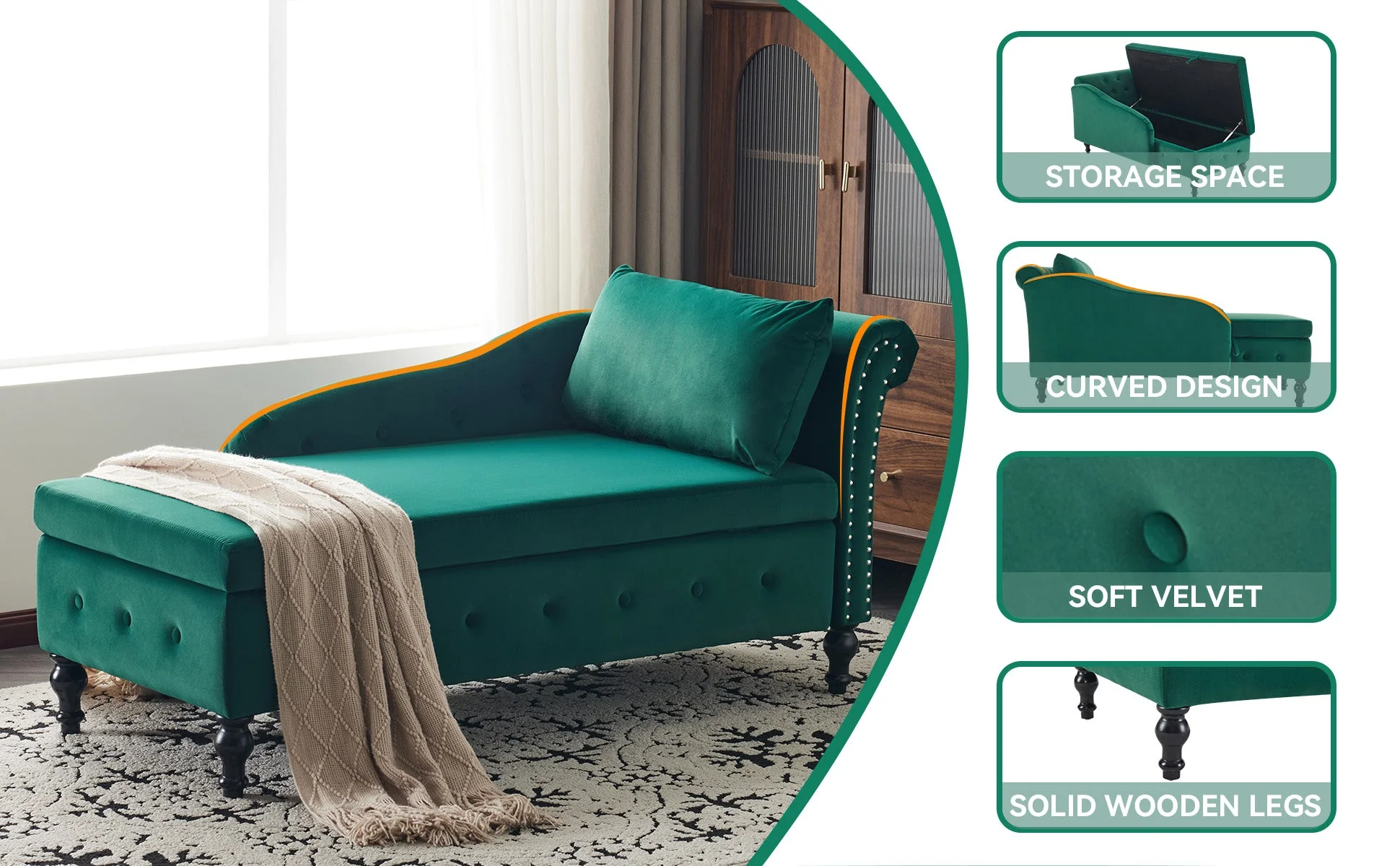 Velvet Chaise Lounge Sofa with Storage, Upholstered, Modern Nailhead-Trim & Button-tufted, Right Armrest - Image 7