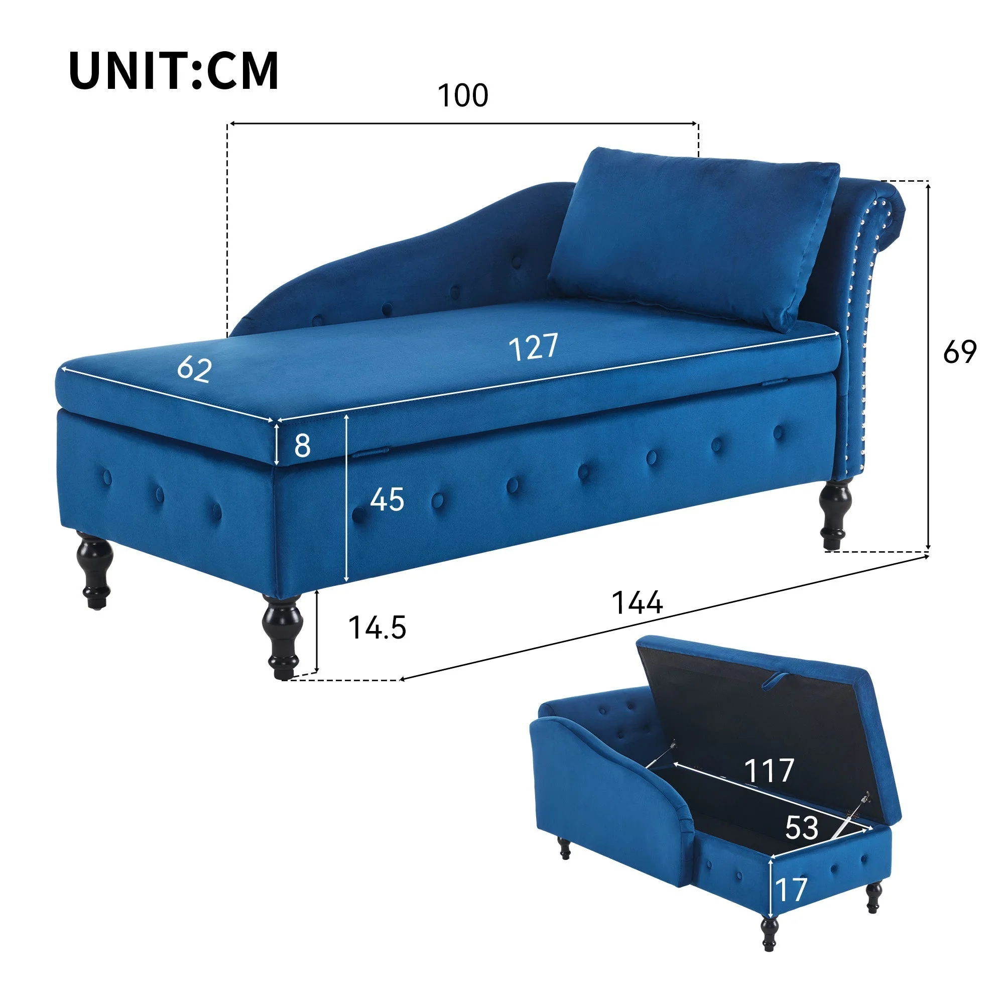 Velvet Chaise Lounge Sofa with Storage, Upholstered with Pillow, Modern Nailhead-Trim & Button-tufted, Right Armrest - Image 6