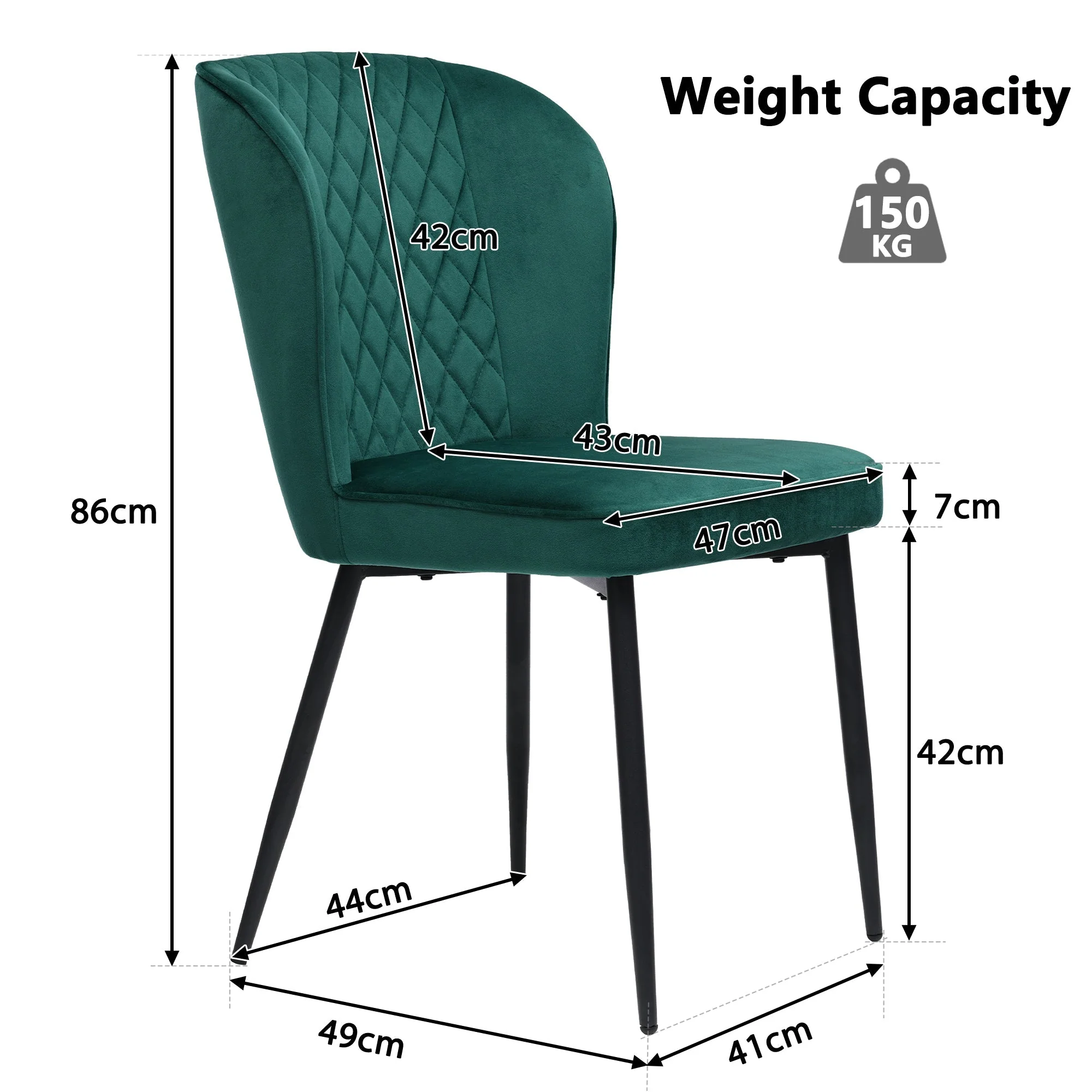 Velvet Dining Chair (2 pcs), Dark Green, Upholstered with Metal Legs - Image 3