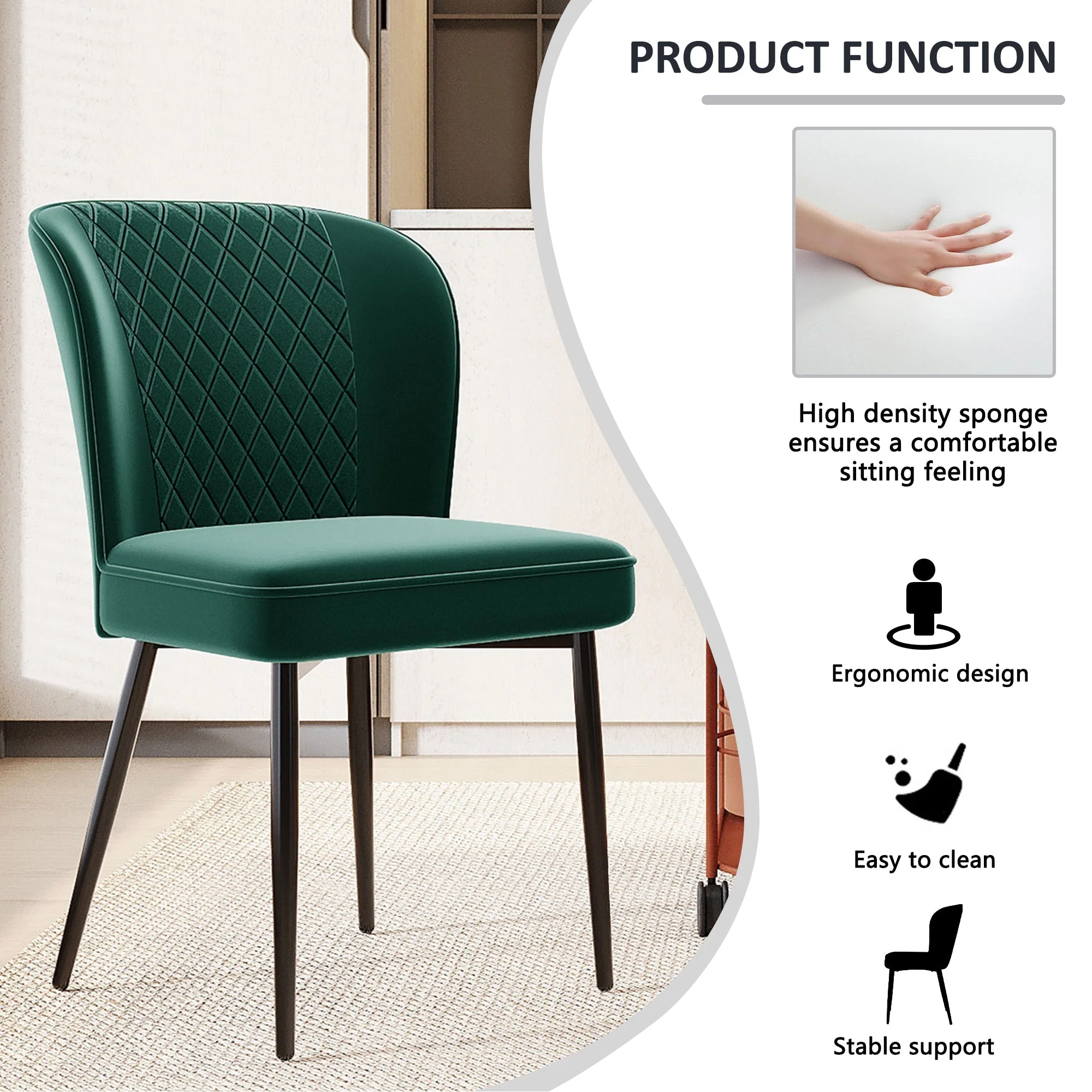 Velvet Dining Chair (2 pcs), Dark Green, Upholstered with Metal Legs - Image 5