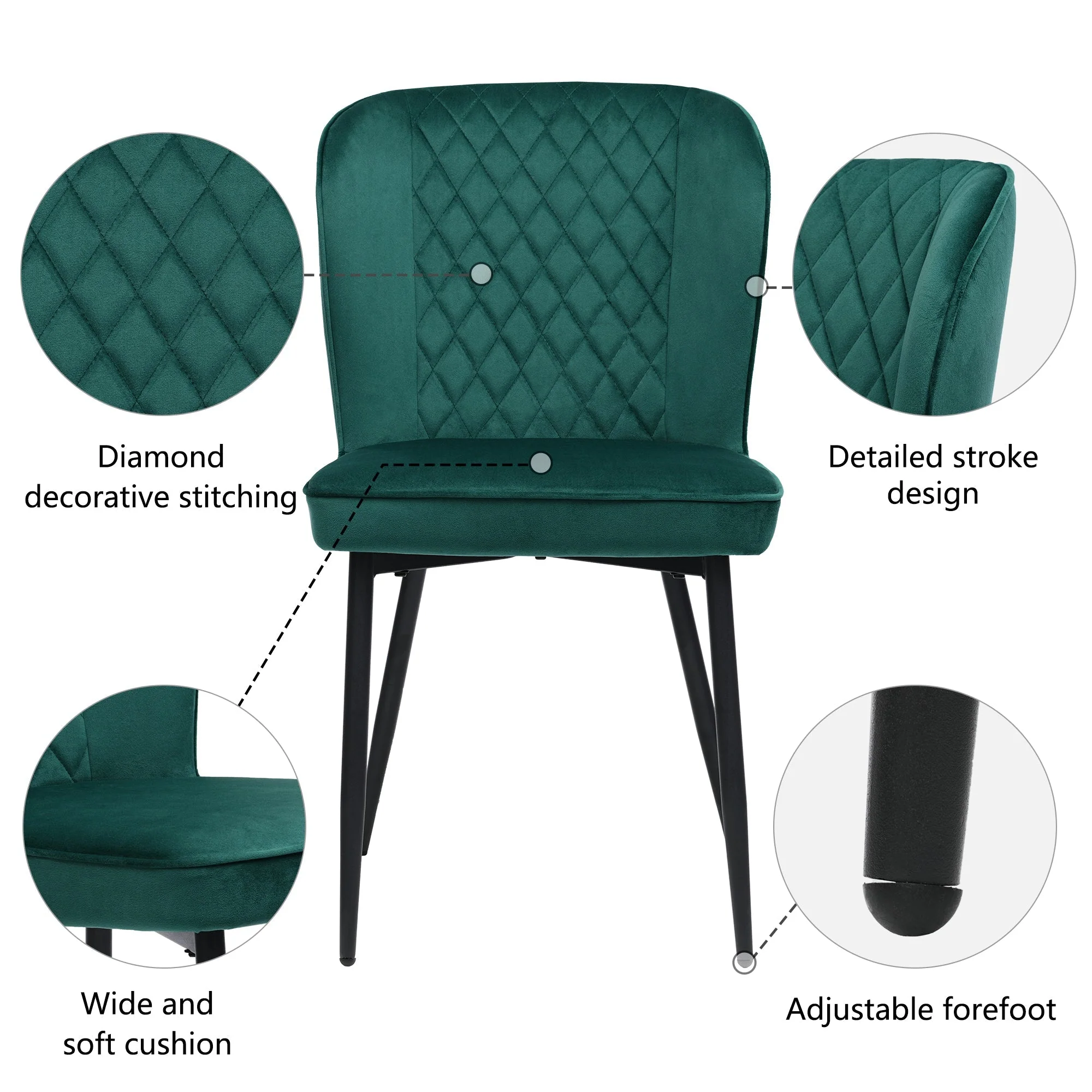 Velvet Dining Chair (2 pcs), Dark Green, Upholstered with Metal Legs - Image 7