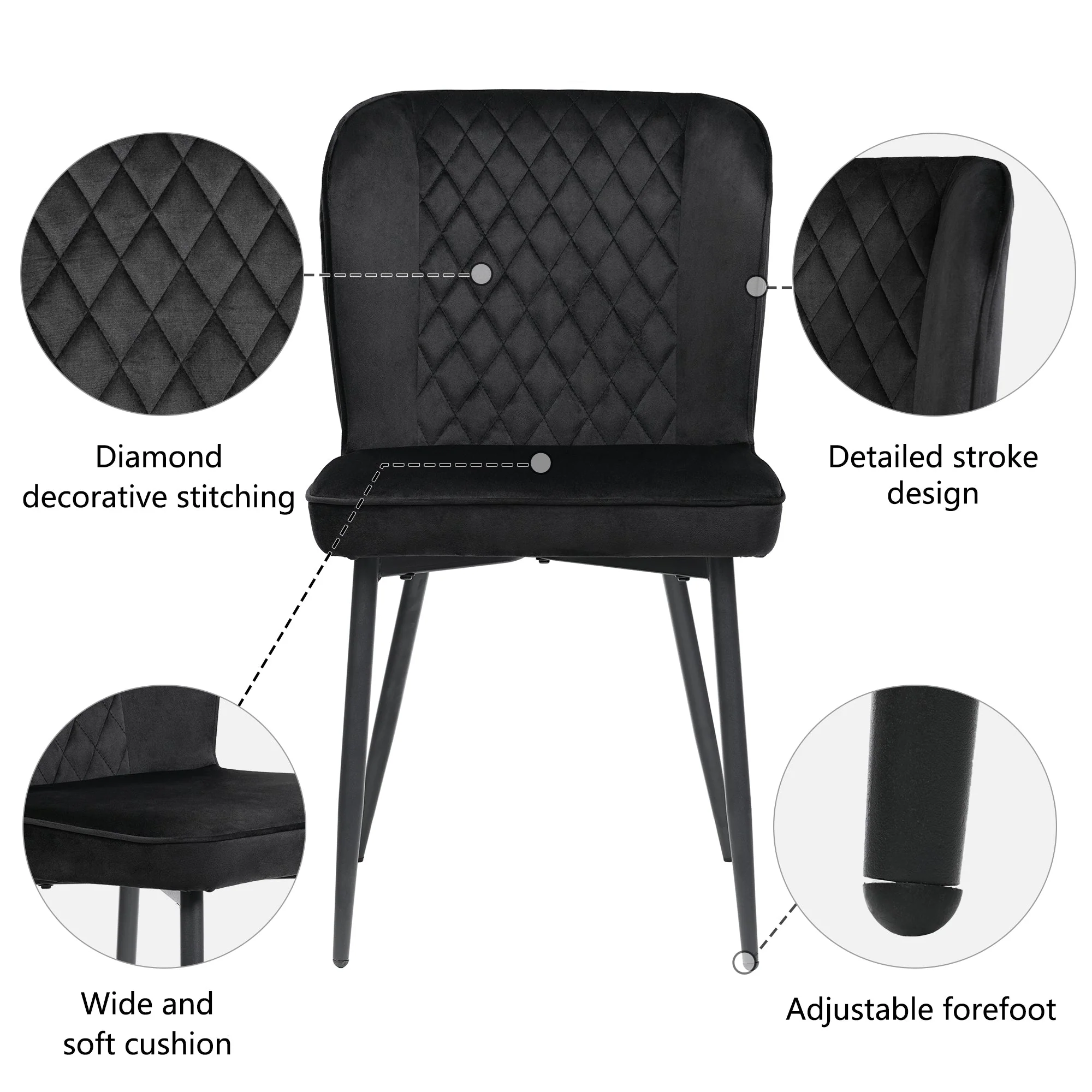 Velvet Dining Chair, Button Tufted with Solid Wood Legs & Knocker Ring (Set of 6), Black - Image 5