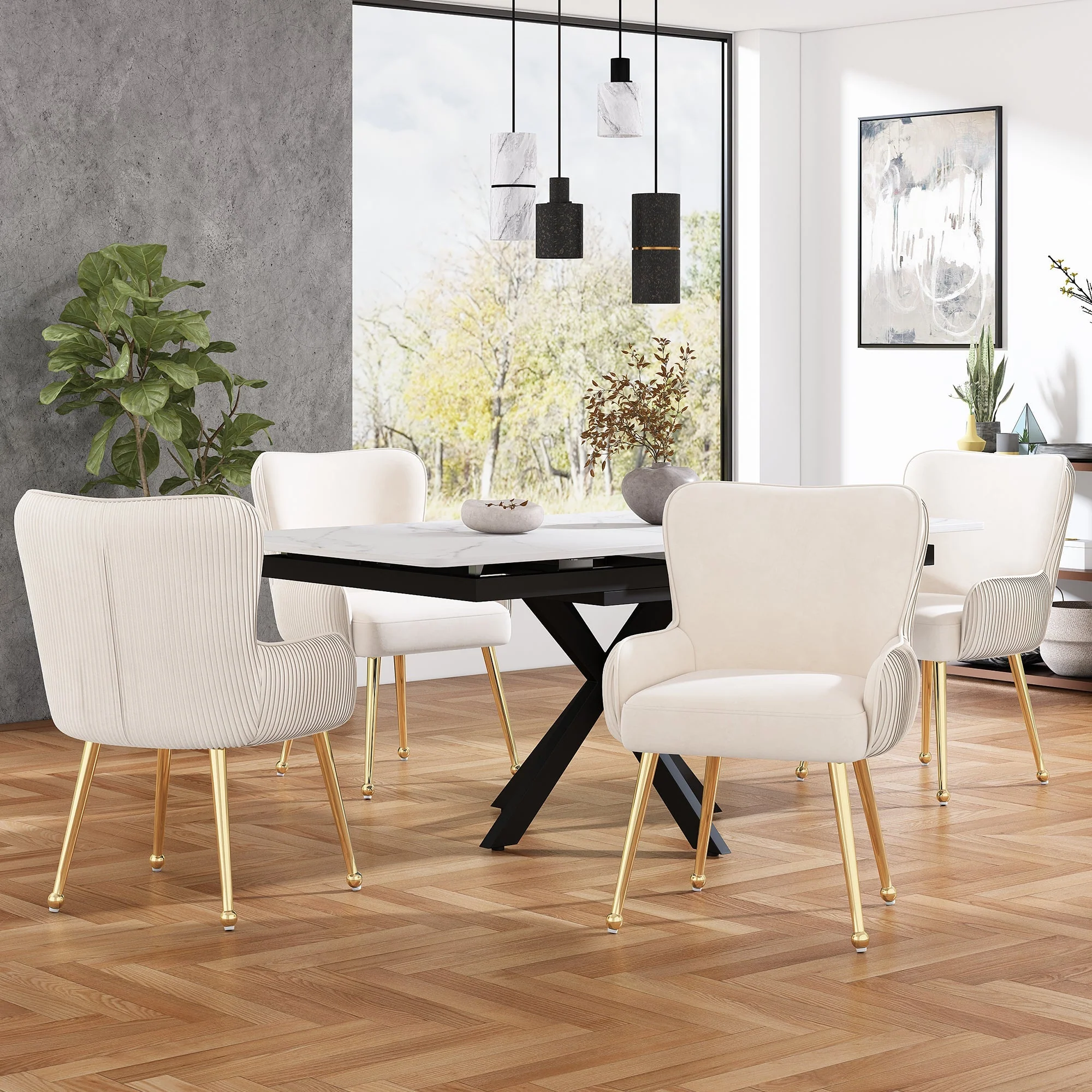 Velvet Dining Chair Set of 2 Armrests Gold Metal Legs Lumbar Support - Beige - Image 2