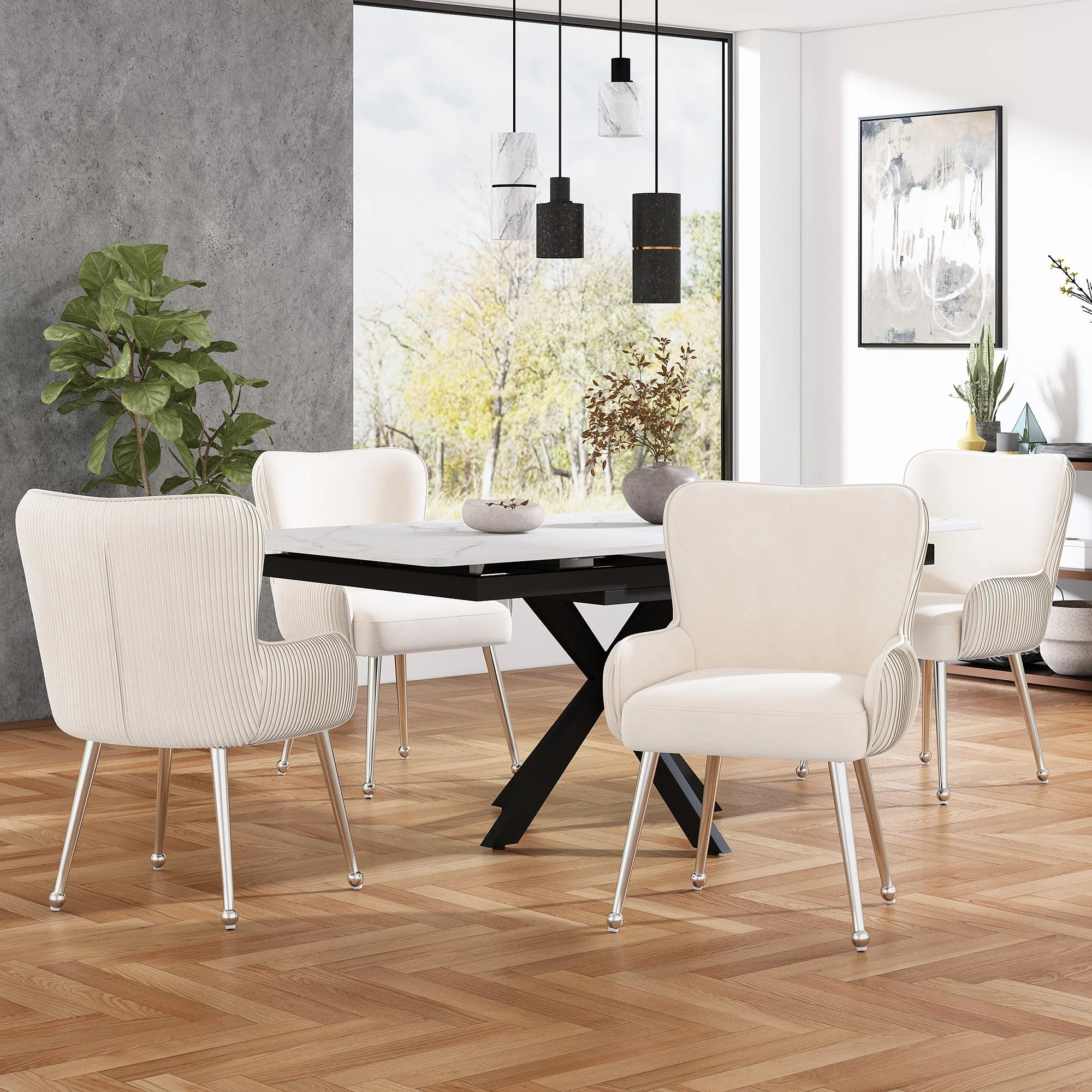 Velvet Dining Chair Set of 2 Armrests Lumbar Support Adjustable Silver Legs - Beige - Image 2