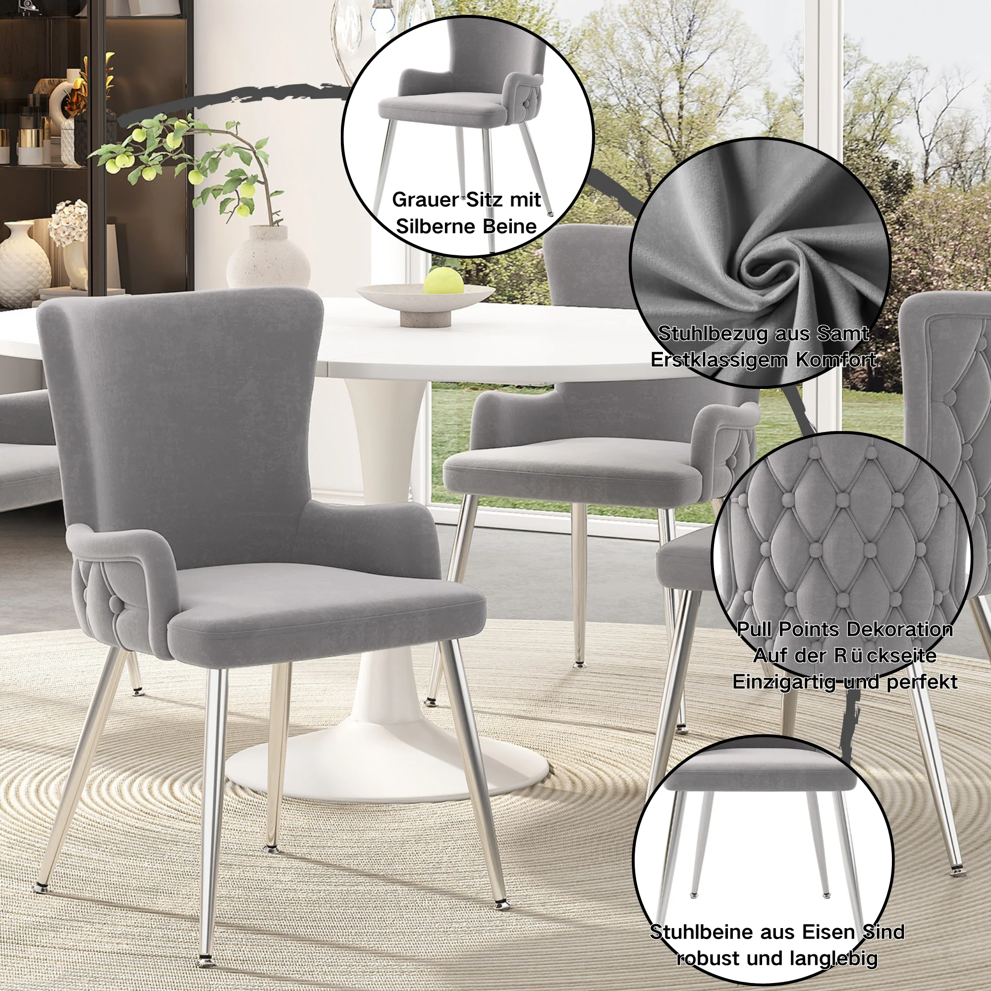 Velvet Dining Chair Set of 2, Luxurious Lounge Chair with Silver Metal Legs, Grey Velvet - Image 4