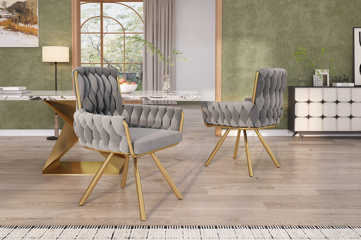 Velvet Dining Chair Set of 2 Swivel Armchair Metal Legs Grey - Image 10