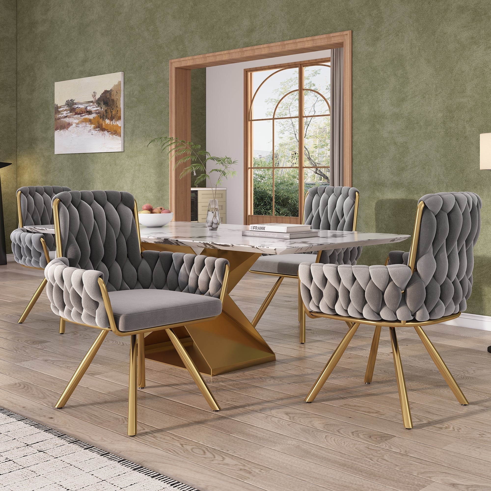 Velvet Dining Chair Set of 2 Swivel Armchair Metal Legs Grey - Image 2