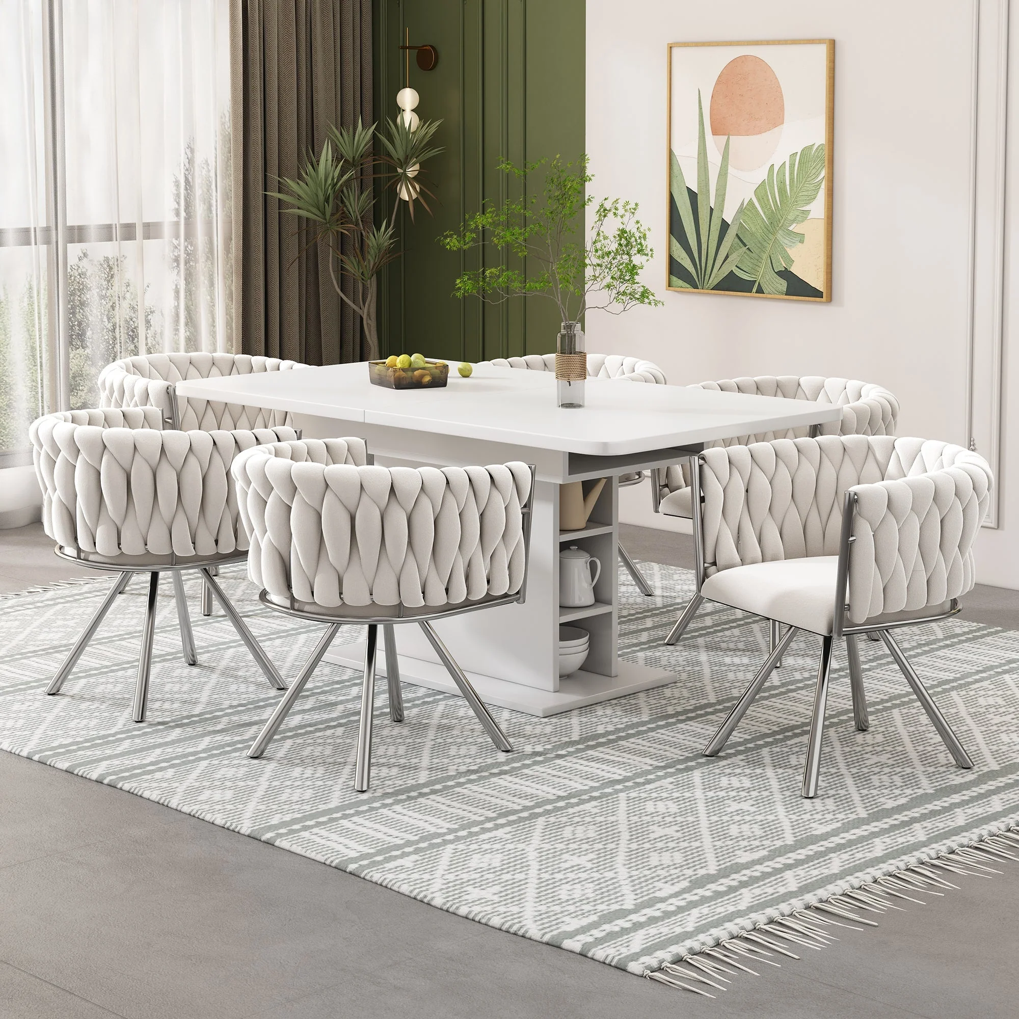Velvet Dining Chair Set of 2 Swivel Metal Legs - Beige/Silver - Image 3