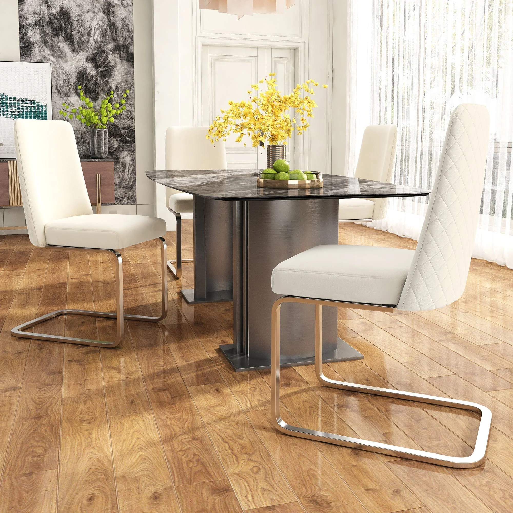 Velvet Dining Chair Set of 2 with Diamond Back Design and Silver Metal Legs, Beige - Image 2