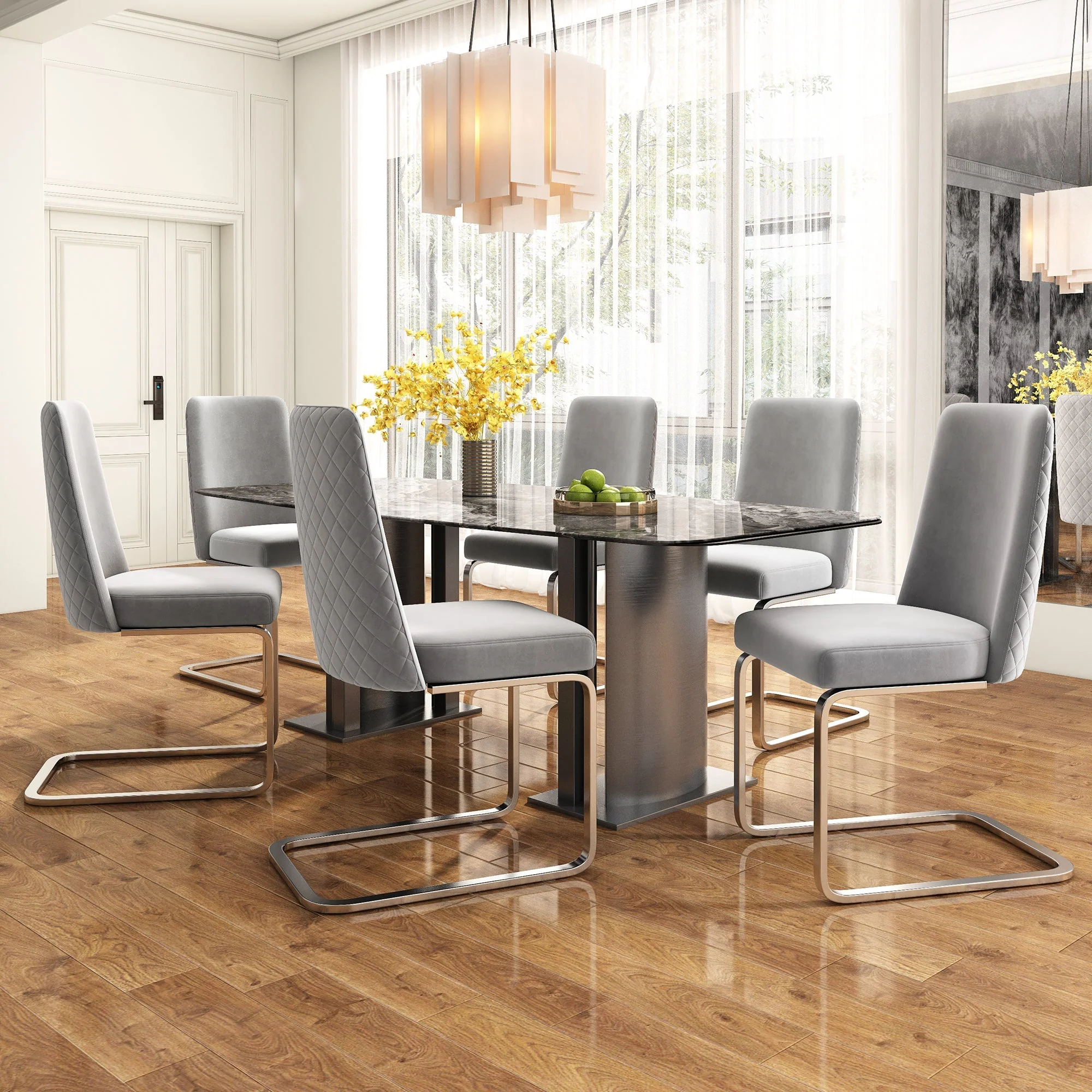 Velvet Dining Chair Set of 4 Diamond Back Luxurious Metal Legs Grey - Image 3