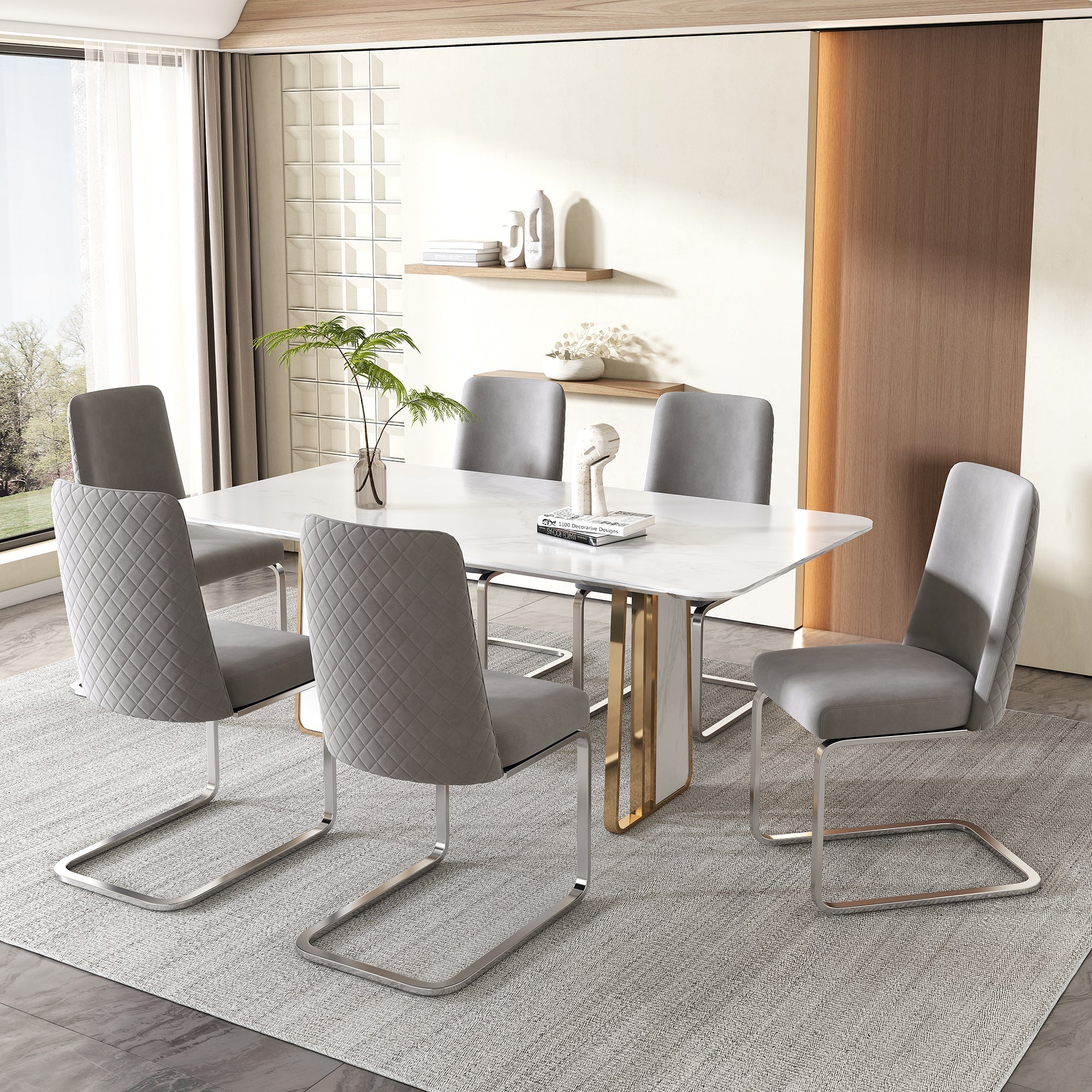 Velvet Dining Chair Set of 4 Diamond Back Luxurious Metal Legs Grey - Image 4