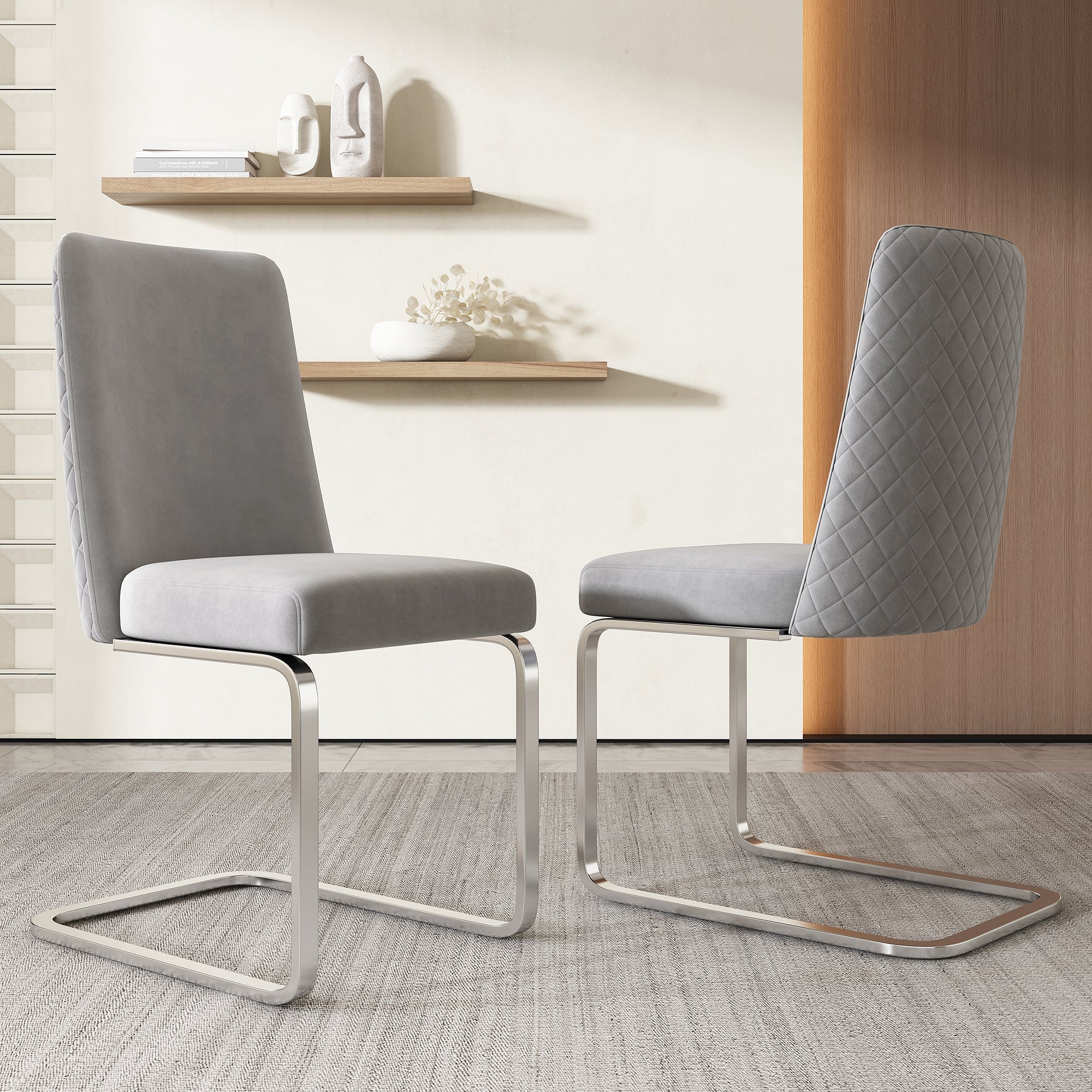 Velvet Dining Chair Set of 4 Diamond Back Luxurious Metal Legs Grey - Image 5
