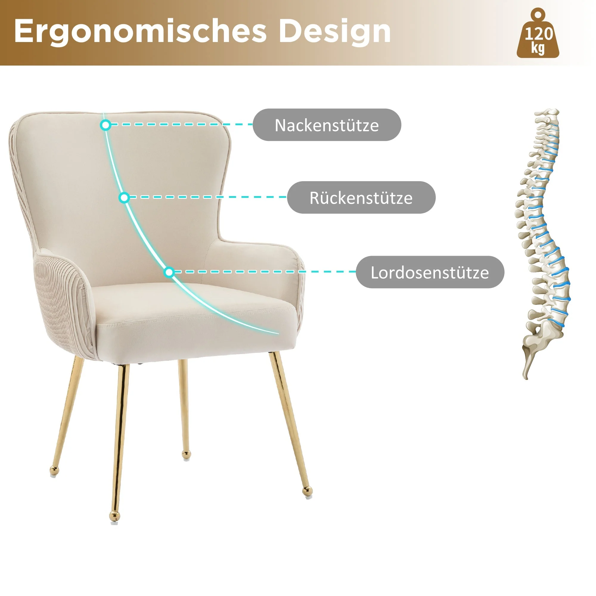 Velvet Dining Chair Set of 4 Gold Metal Legs Armrests Lumbar Support - Beige - Image 5