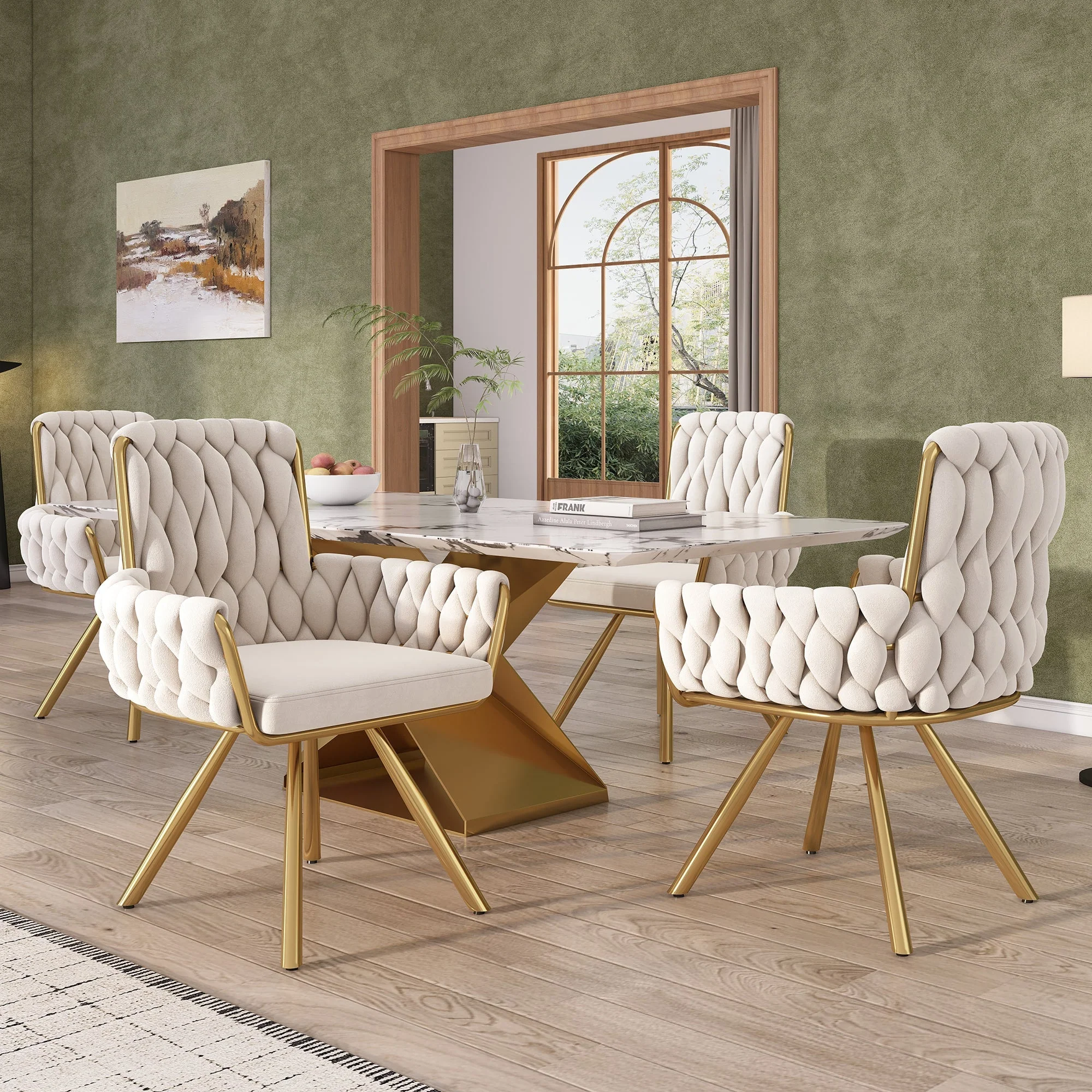 Velvet Dining Chair Set of 4, Luxury Swivel Armchair with Metal Legs, Beige Velvet