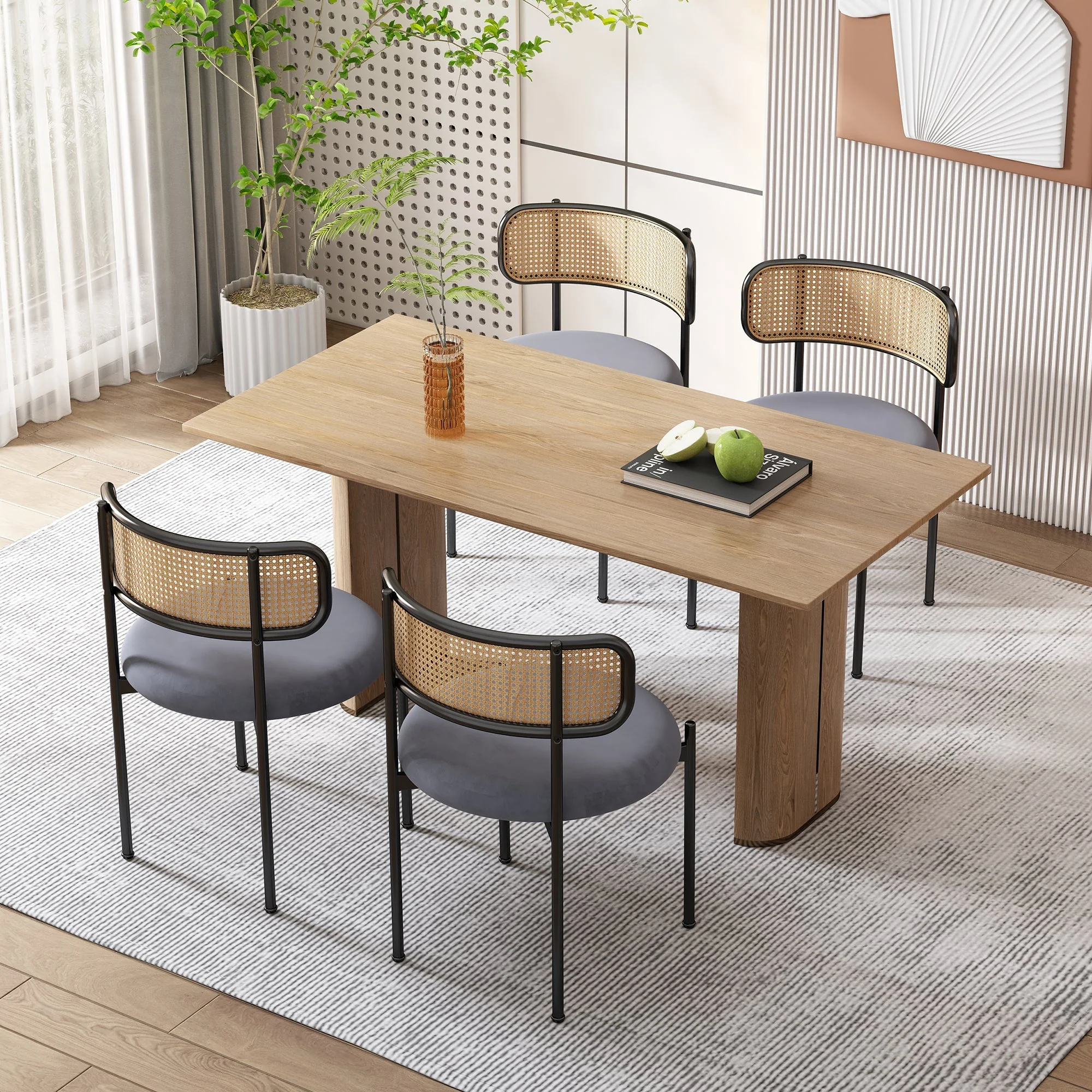Velvet Dining Chair Set of 4, Modern Rattan Design Metal Legs, Grey - Image 2