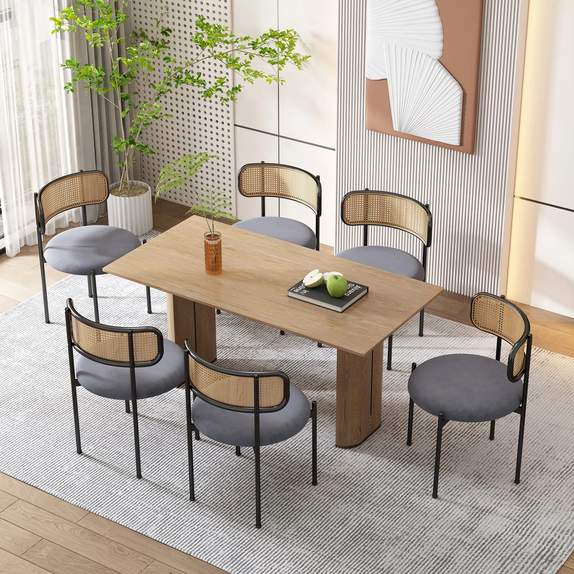 Velvet Dining Chair Set of 4, Modern Rattan Design Metal Legs, Grey - Image 3