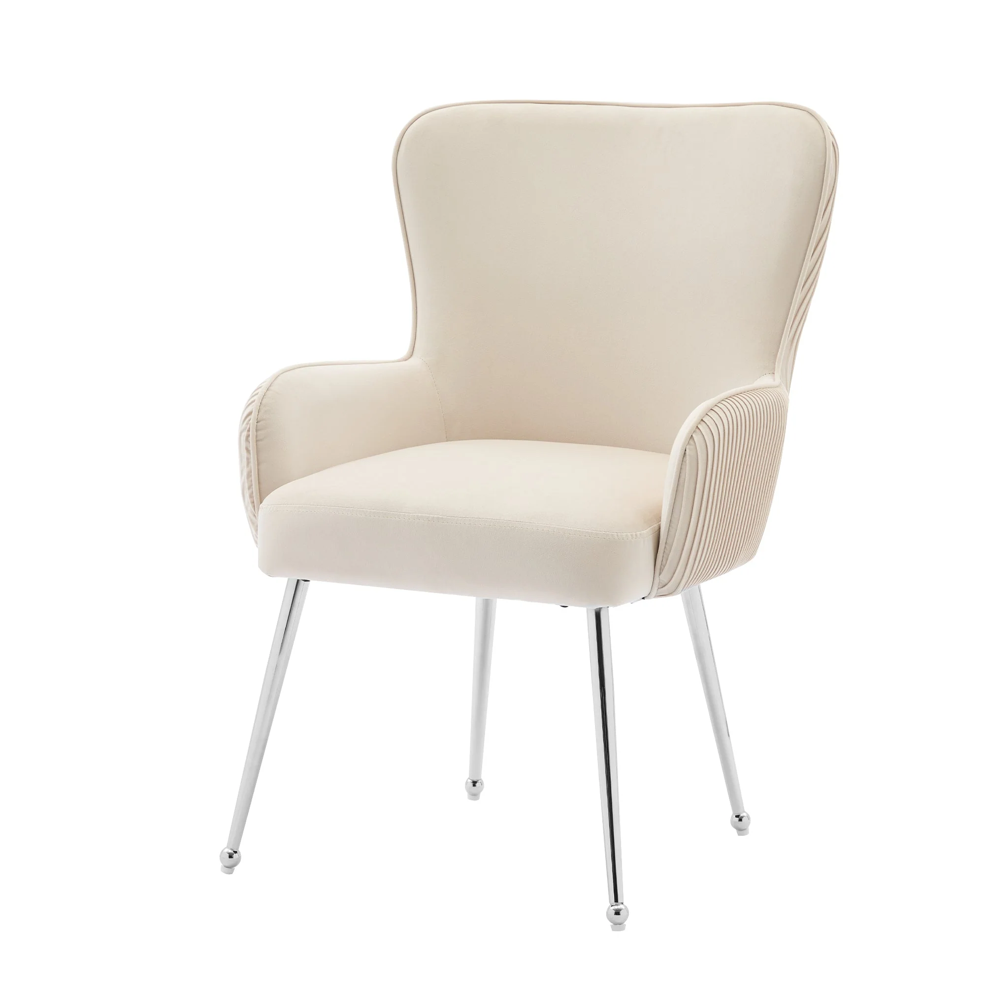 Velvet Dining Chair Set of 4 with Armrests and Silver Metal Legs, Beige Velvet - Image 9