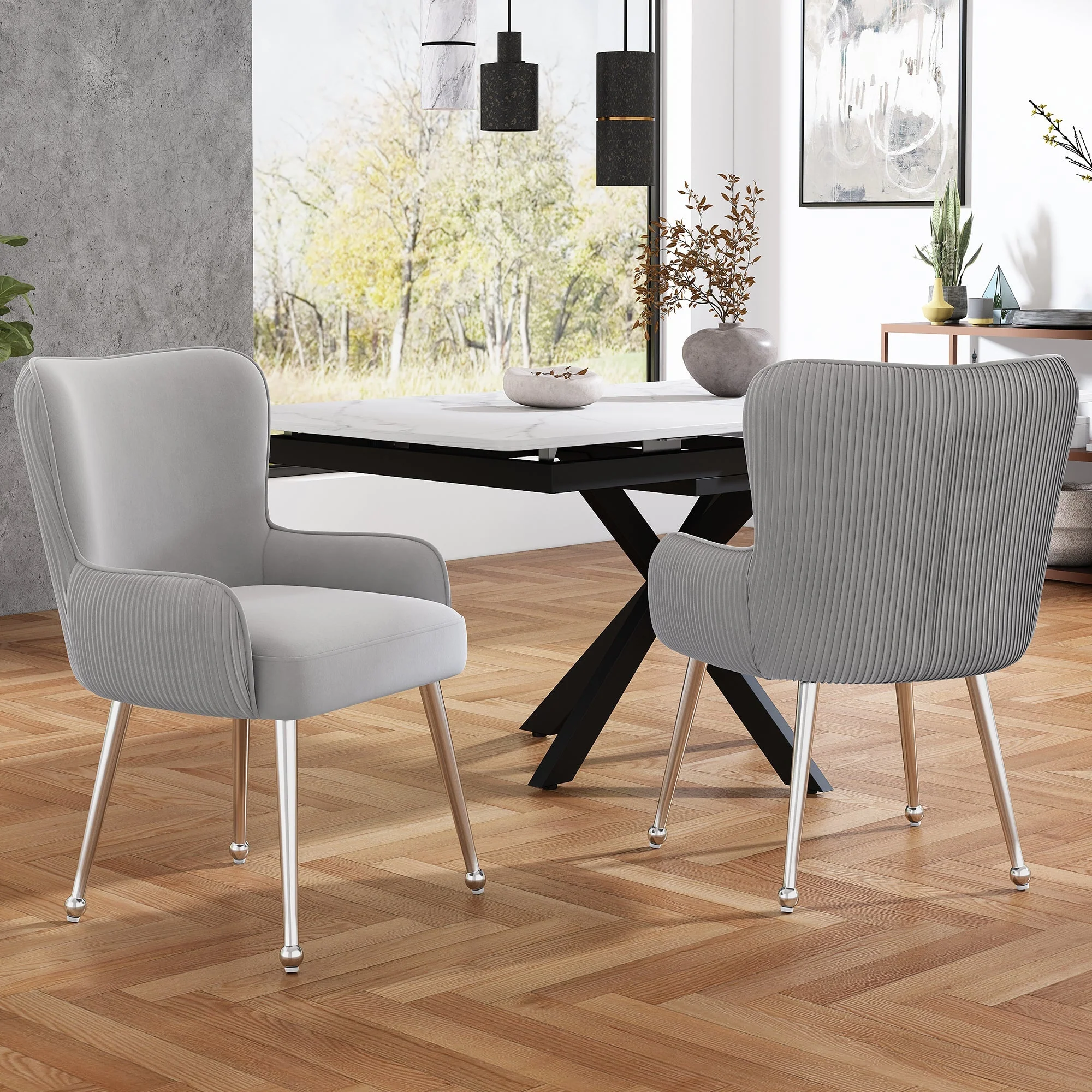 Velvet Dining Chair Set of 4 with Armrests Lumbar Support Adjustable Feet Grey - Image 3