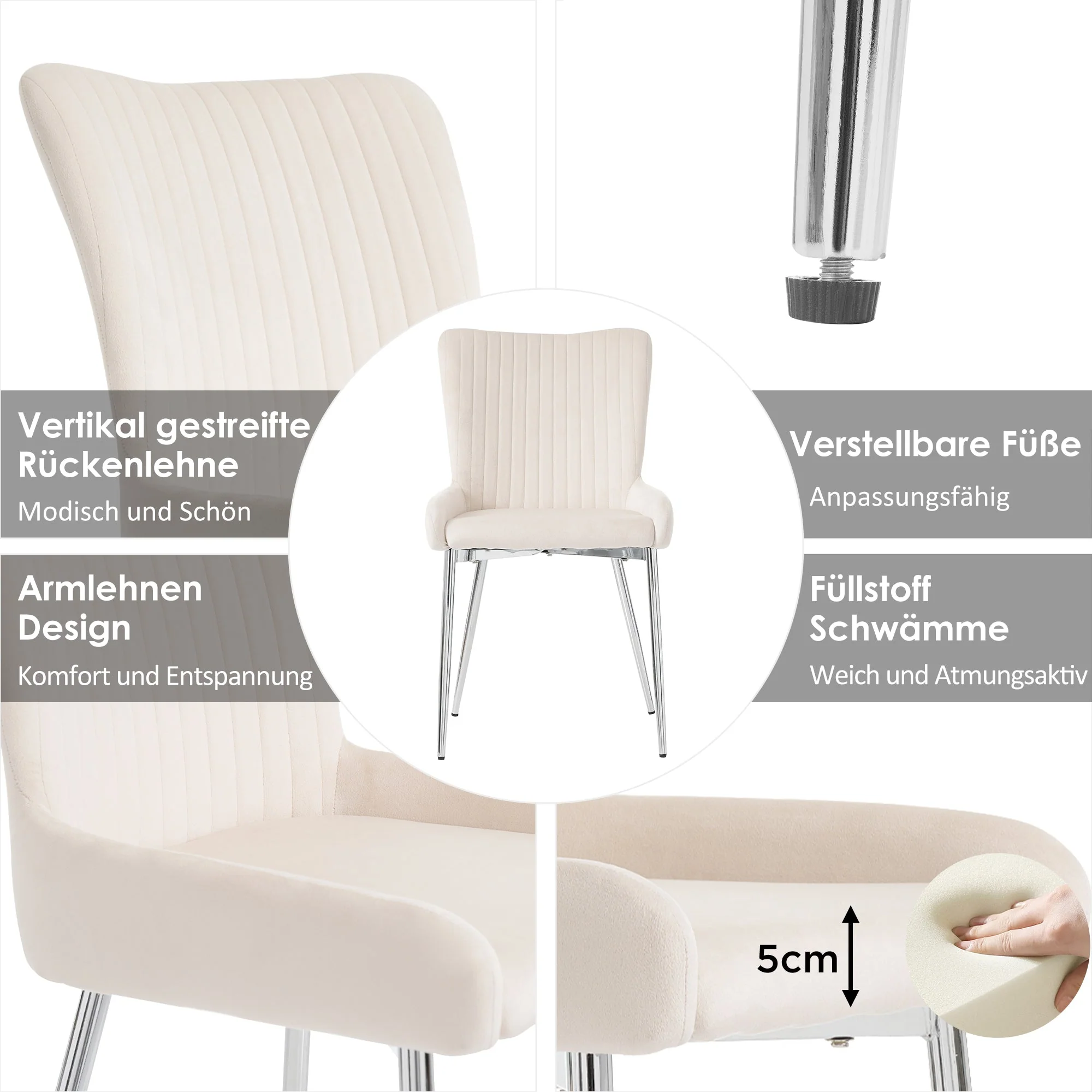 Velvet Dining Chair Set of 4 with Silver Metal Legs and Lumbar Support, Beige - Image 4